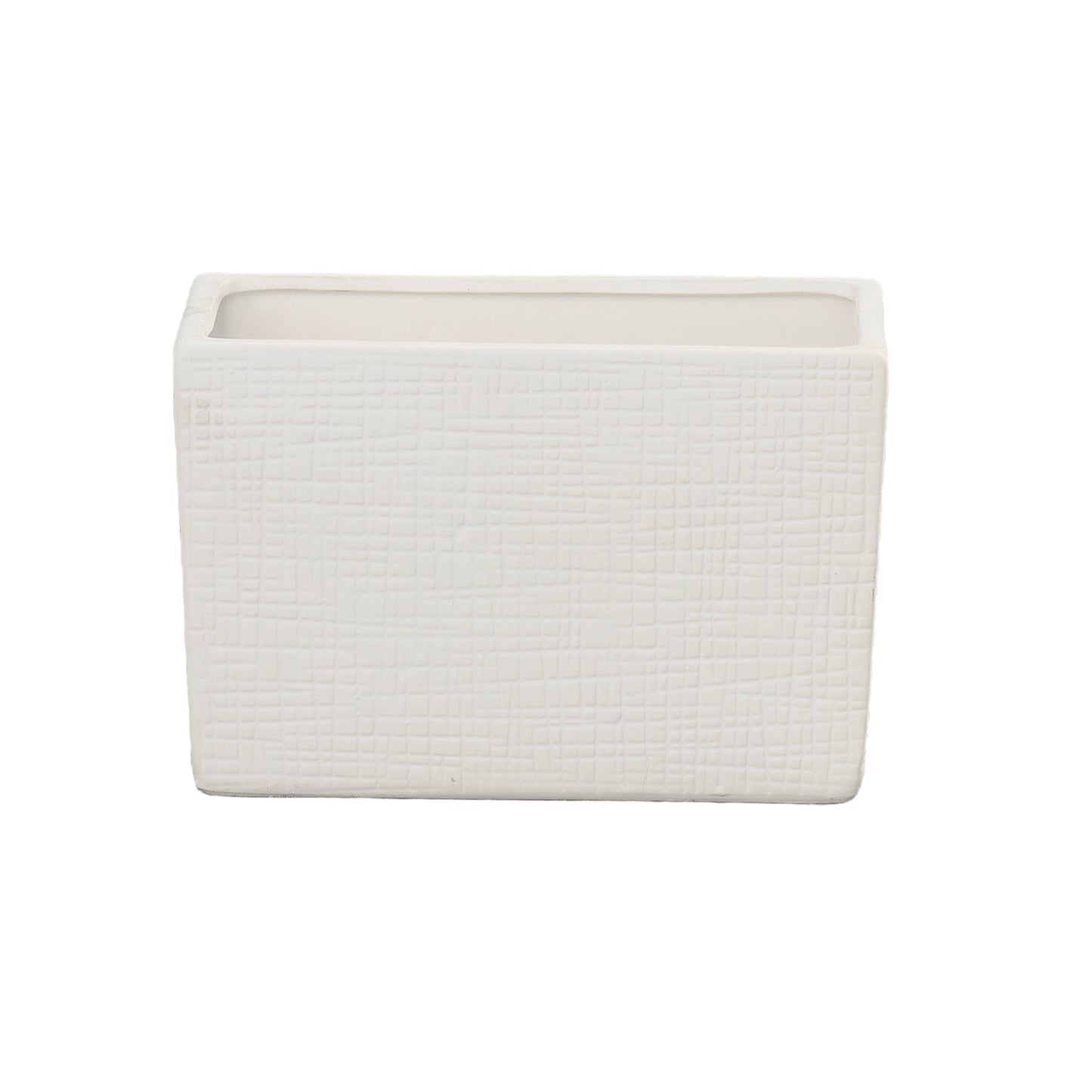 A ceramic wide rectangle vase with a matte finish and embossed wavy pattern design in white color.