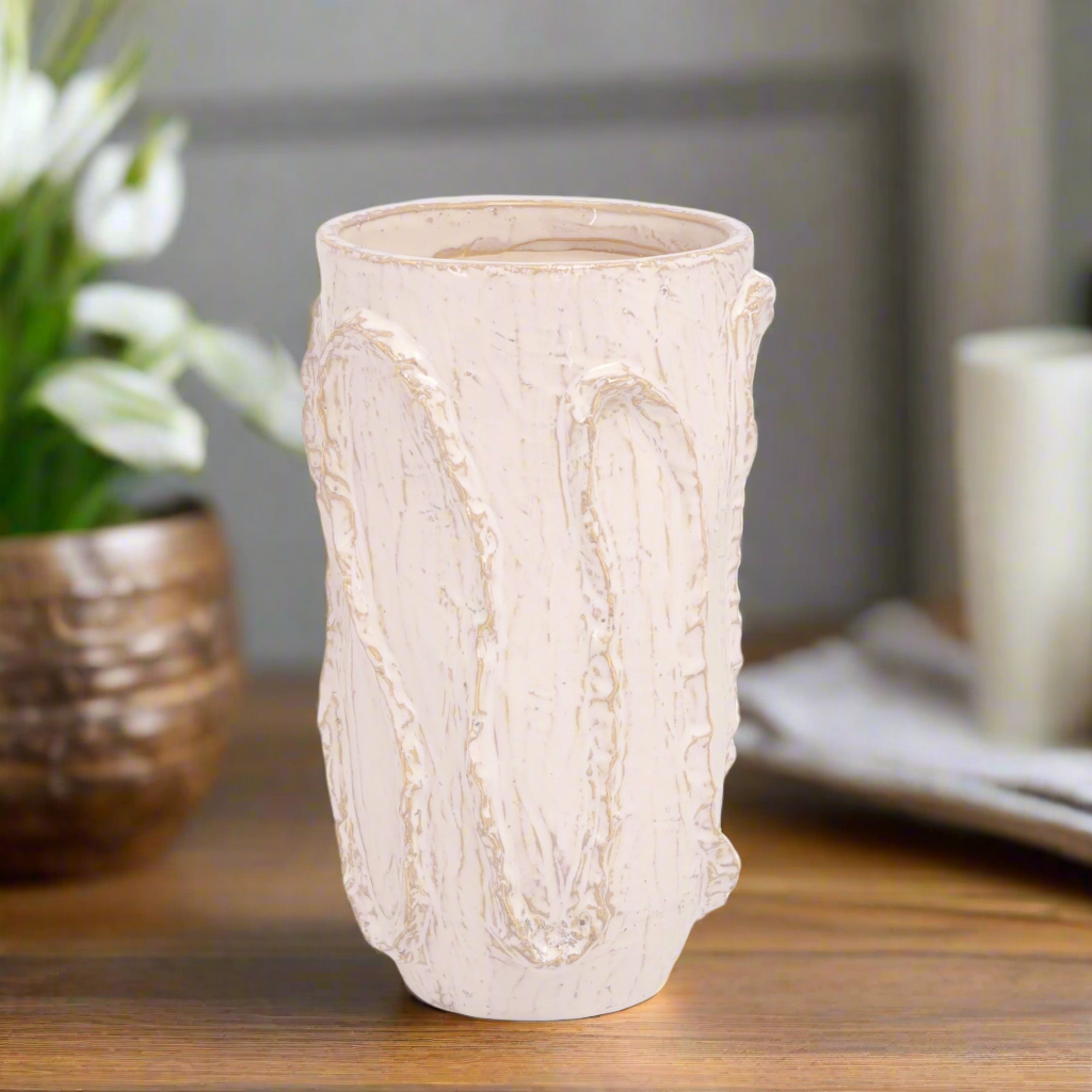 Ceramic Cylinder Vase Finish White And Beige