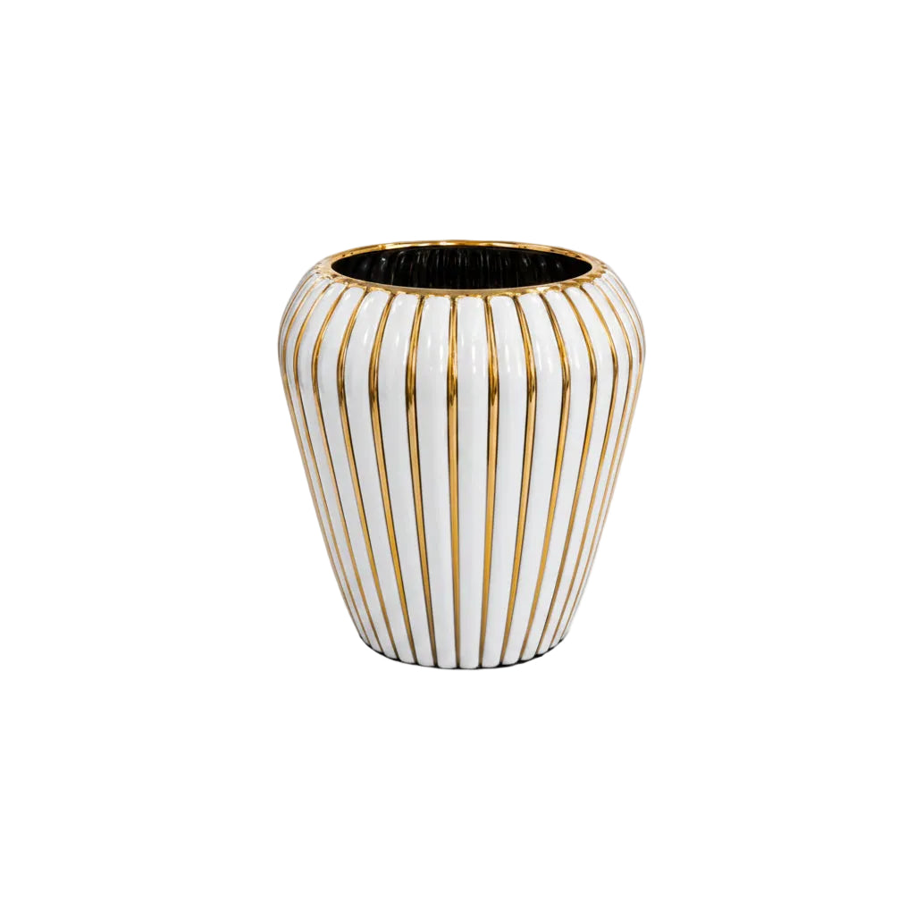 Decorative vase with gold stripes on a white background