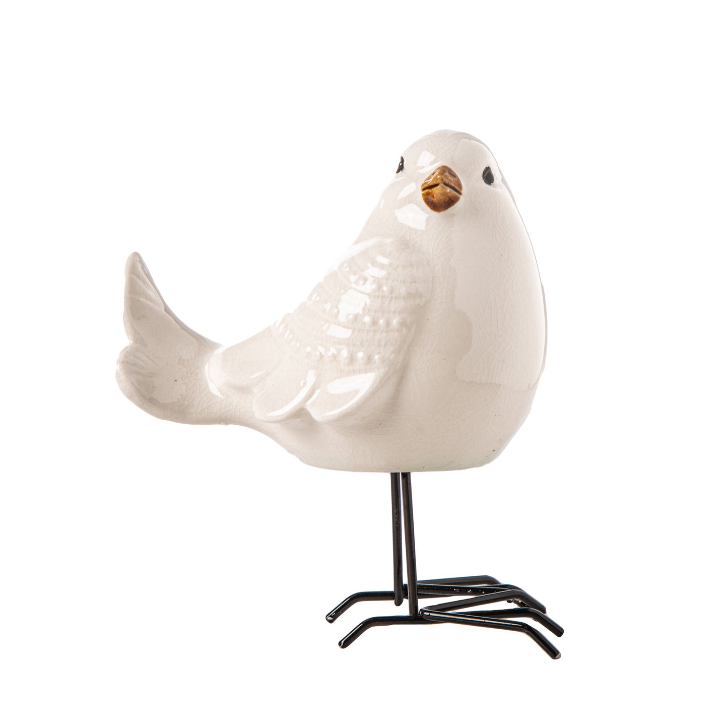 White ceramic bird figurine on a black stand against a white background