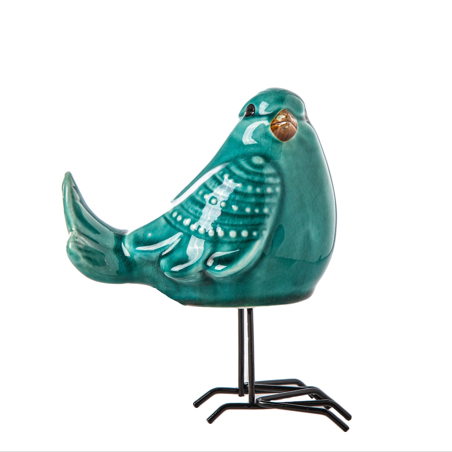 Turquoise ceramic bird figurine on a stand against a white background