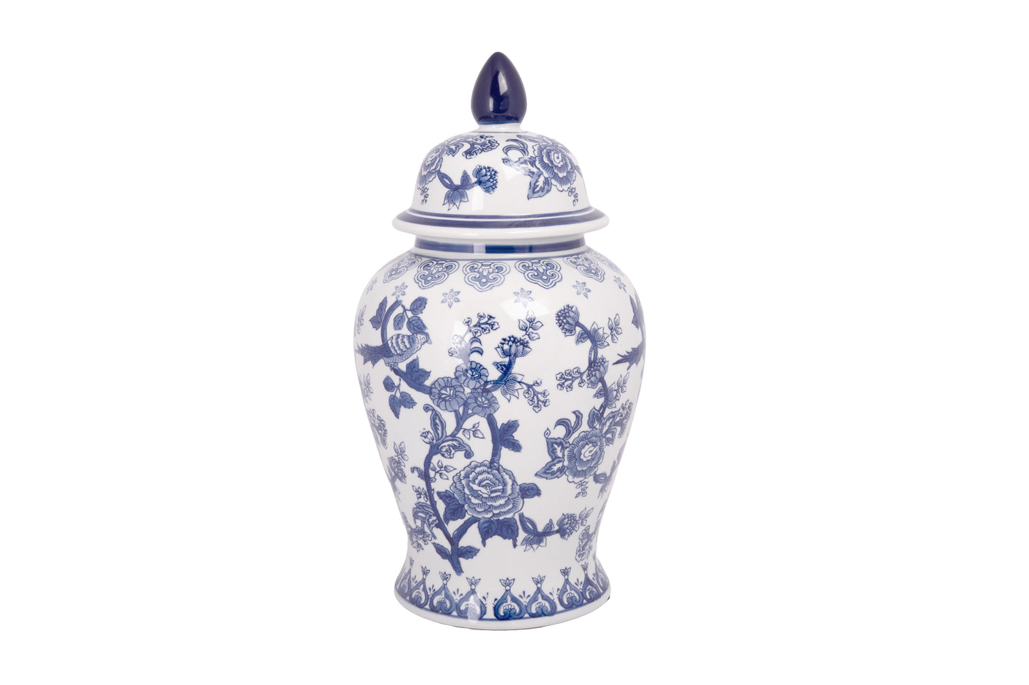 Ceramic Round Bellied Chinoiserie Ginger/Temple Jar with Azure Floral Design Body Gloss Finish Blue&White