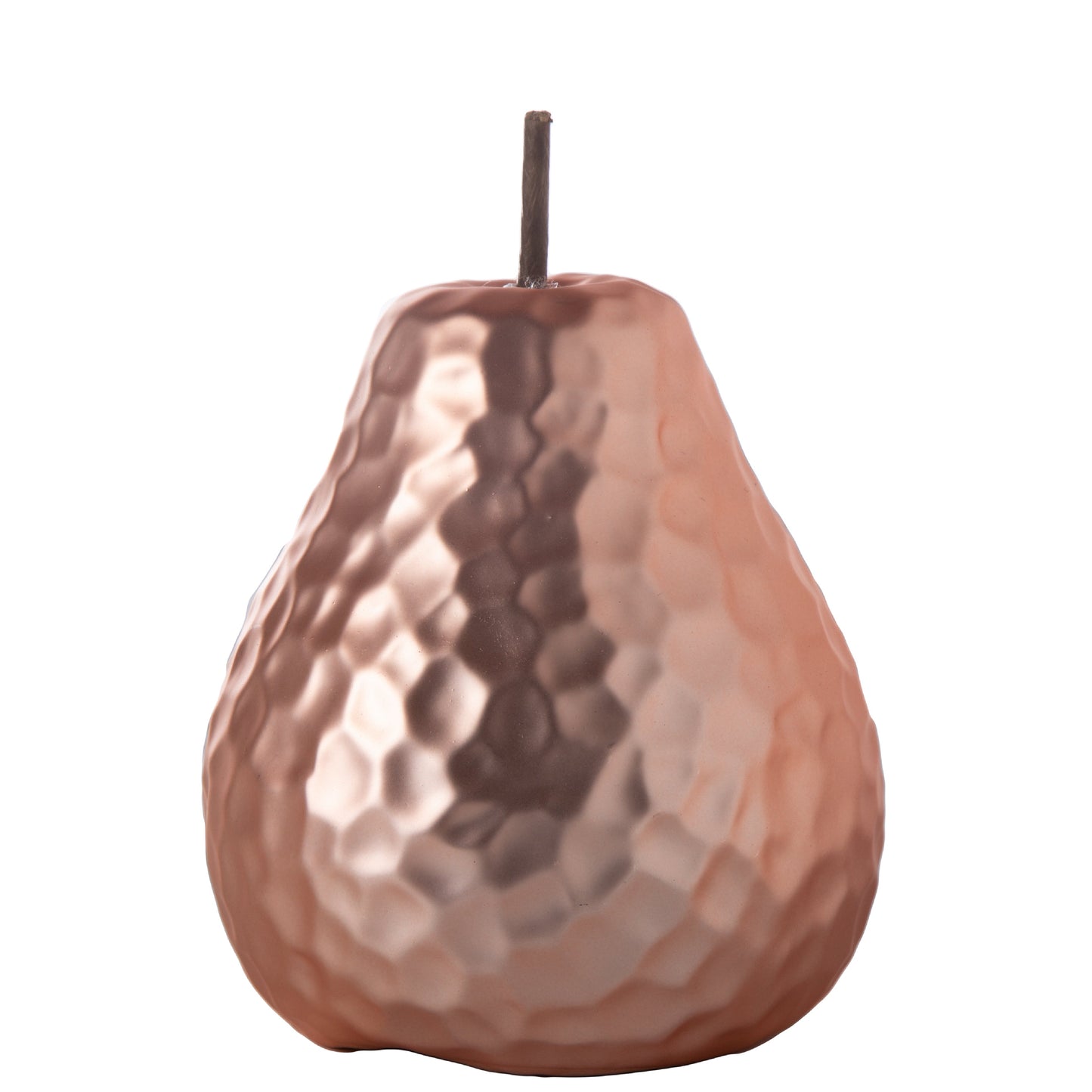 A silver ceramic pear figurine with a hammered design body and a matte finish.