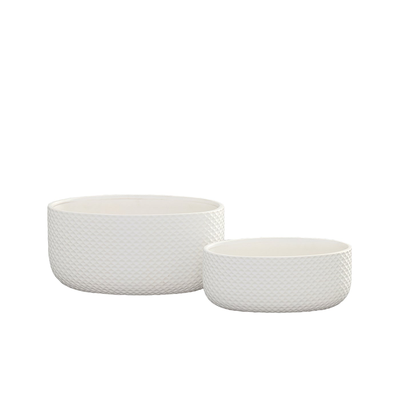 Two white textured planters on a white background