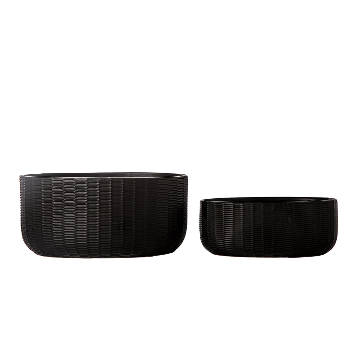 Two black woven planters of different sizes on a white background