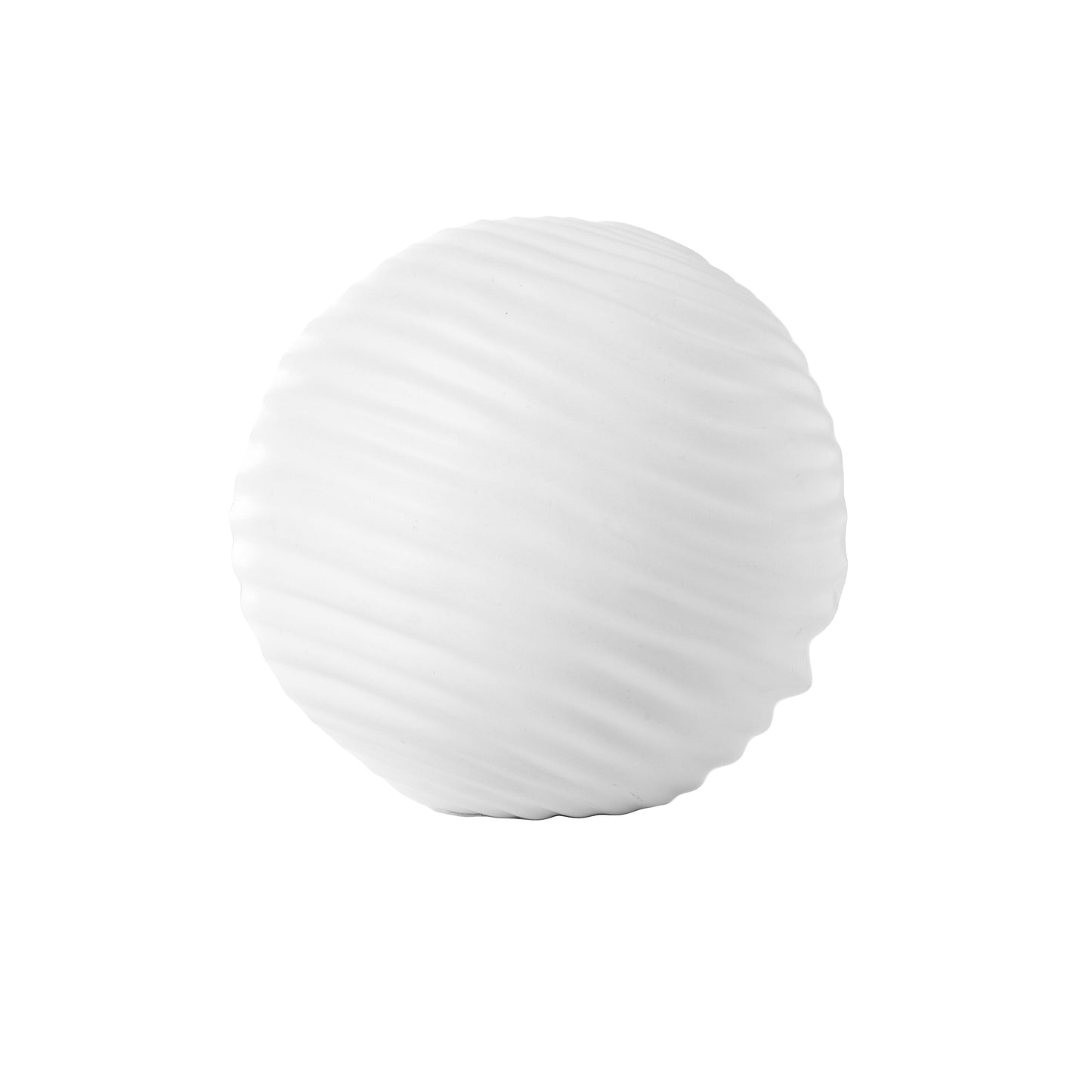 A single white ceramic ball decor with embossed wave spiral design, displayed against a neutral background.