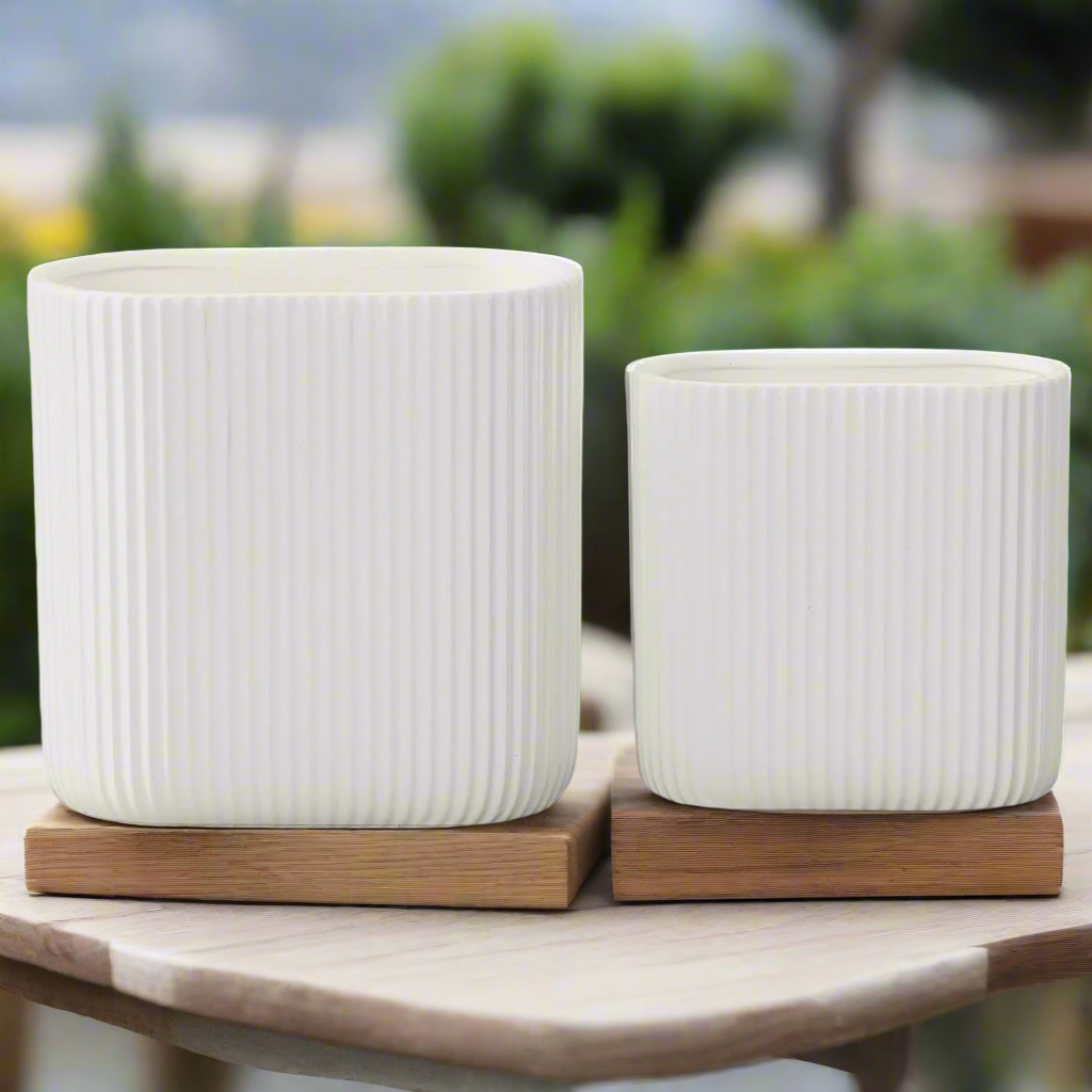 Remi Corrugated Column Ceramic Oval Planter Set (Set of 2)