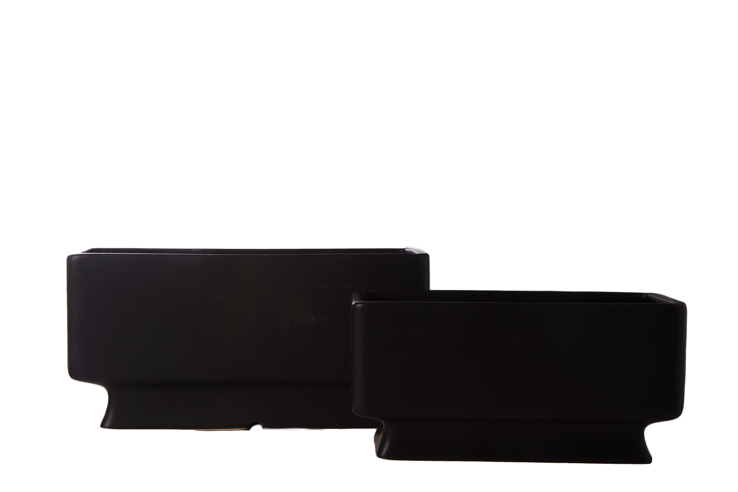 Ceramic Rectangle Pot with Curved Edges Design on Flared Bottom Base Set of Two Matte Finish Black