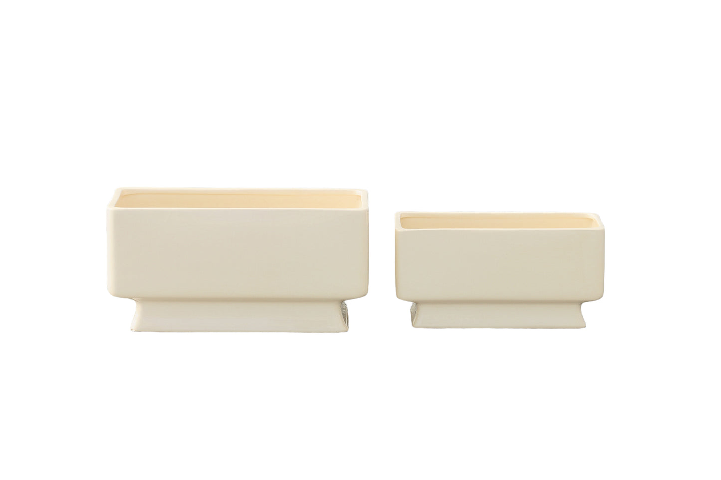 Ceramic Rectangle Pot with Curved Edges Design on Flared Bottom Base Set of Two Gloss Finish Cream