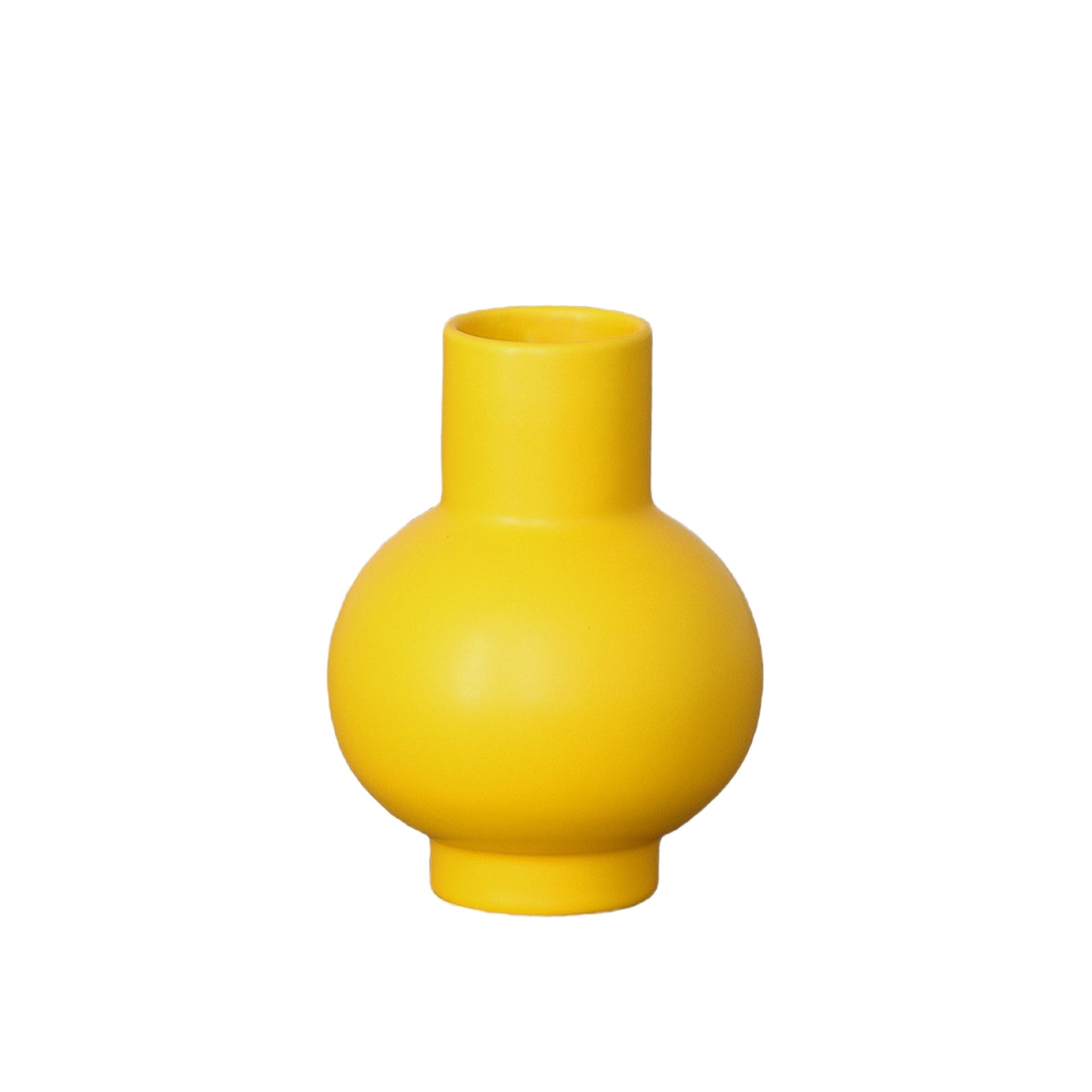A matte white ceramic vase with a bulbous shape on a plain background.