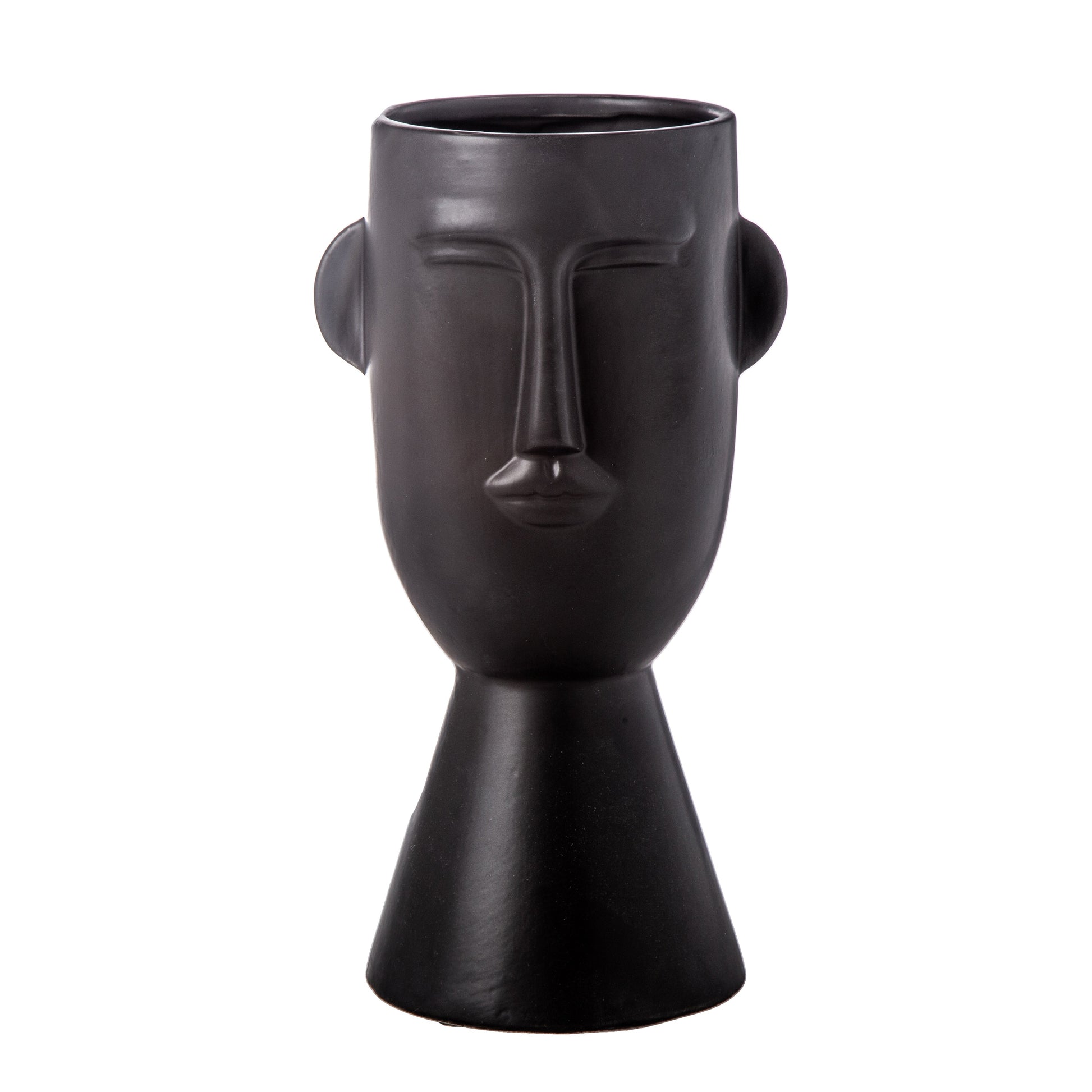 A gold ceramic head pot with a glossy finish on a flared bottom base.