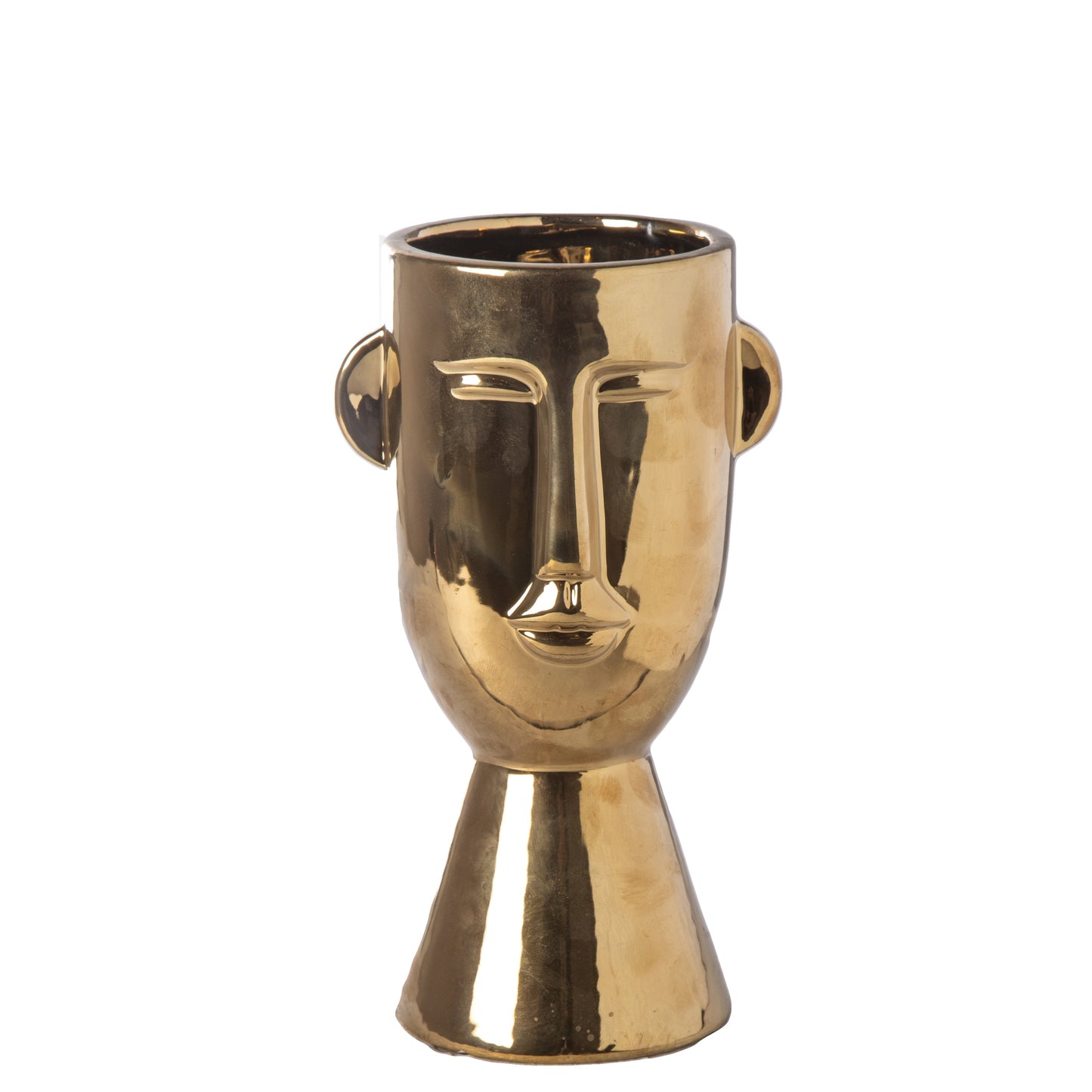 A gold ceramic head pot with a glossy finish on a flared bottom base.