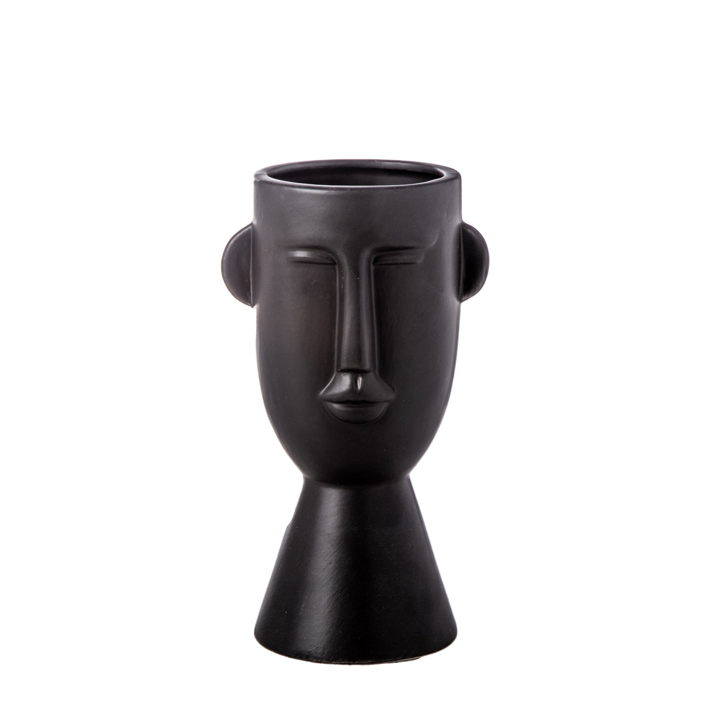 A gold ceramic head pot with a glossy finish on a flared bottom base.