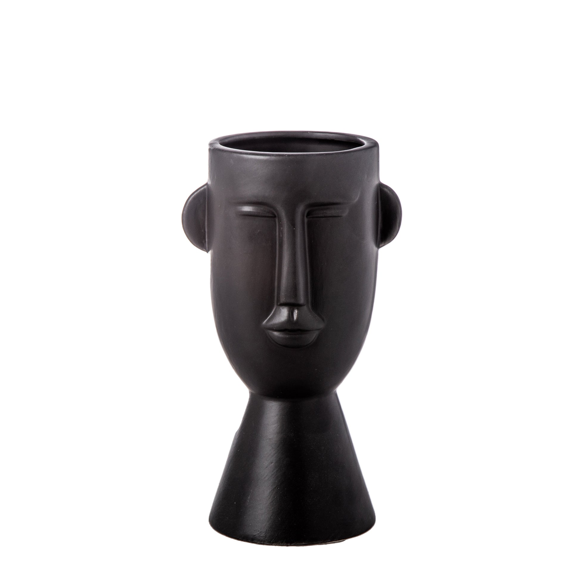 A gold ceramic head pot with a glossy finish on a flared bottom base.