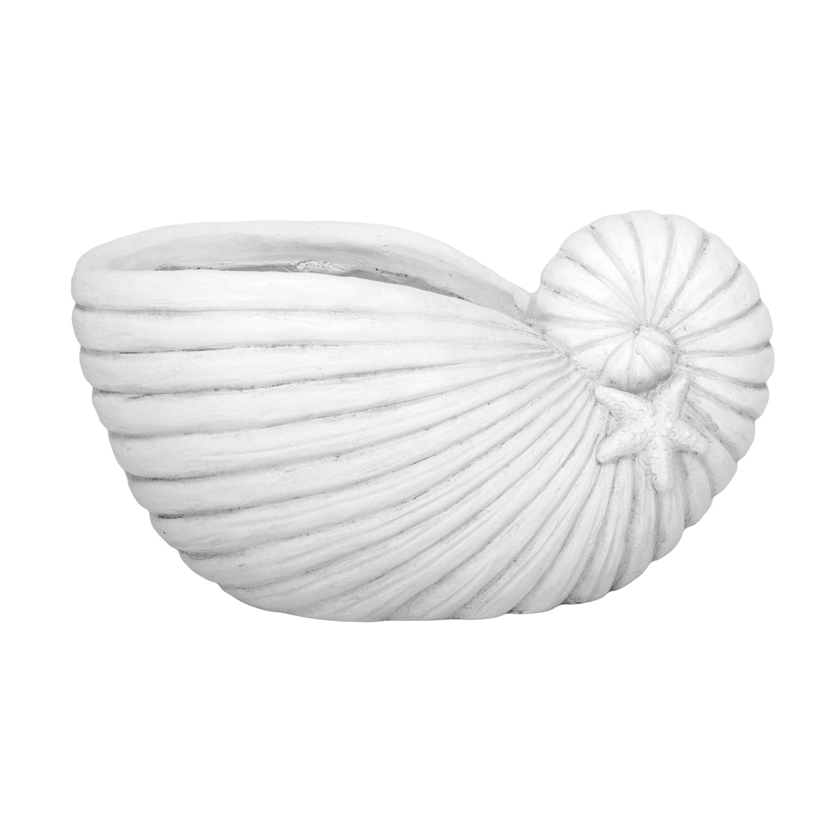 A gray polyresin planter designed to resemble a shell.