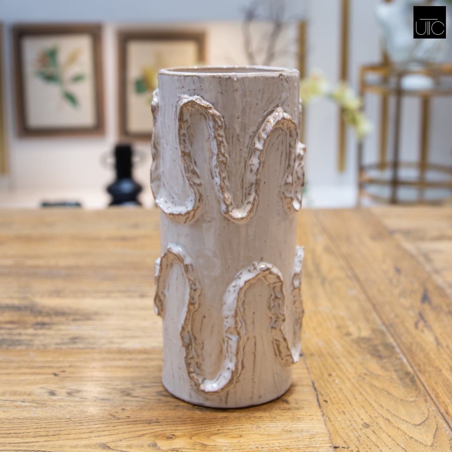 Ceramic Cylinder Vase Finish White And Beige
