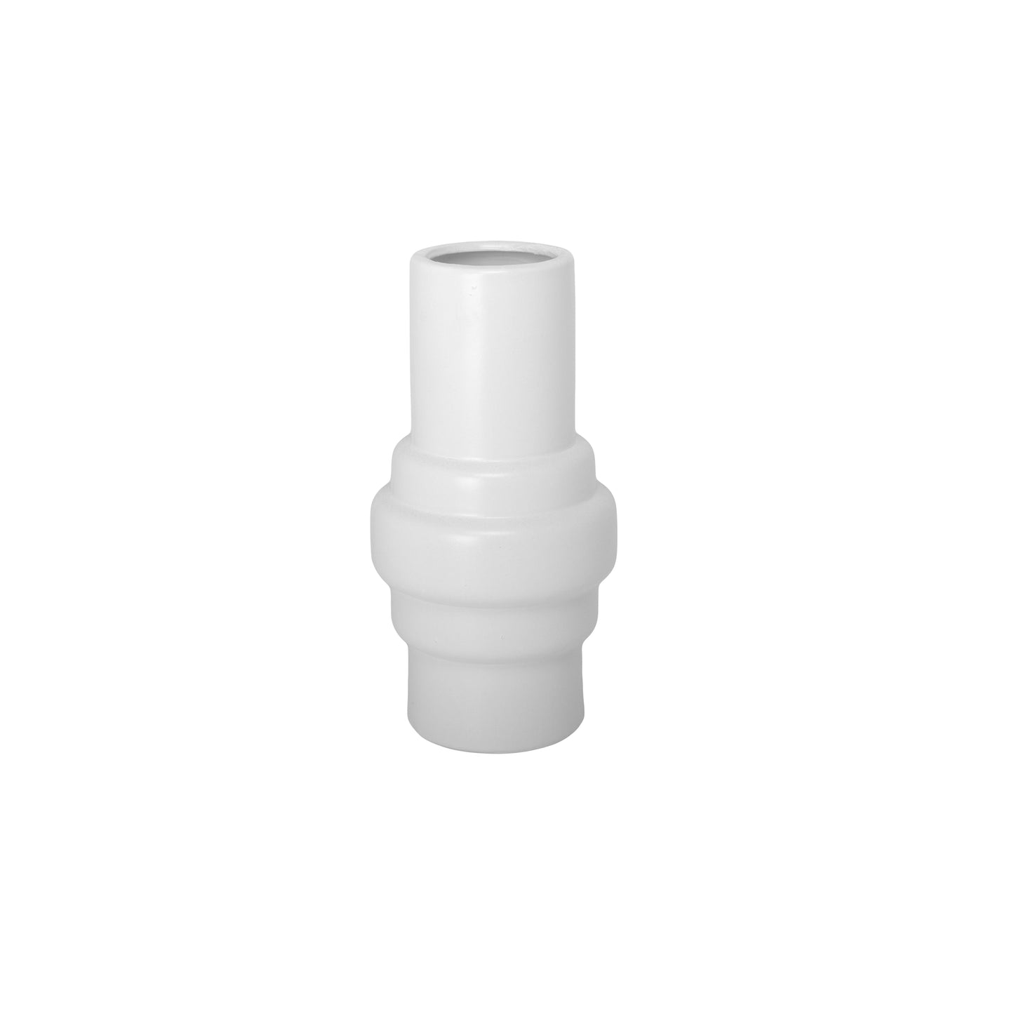 A white ceramic vase with a matte finish.
