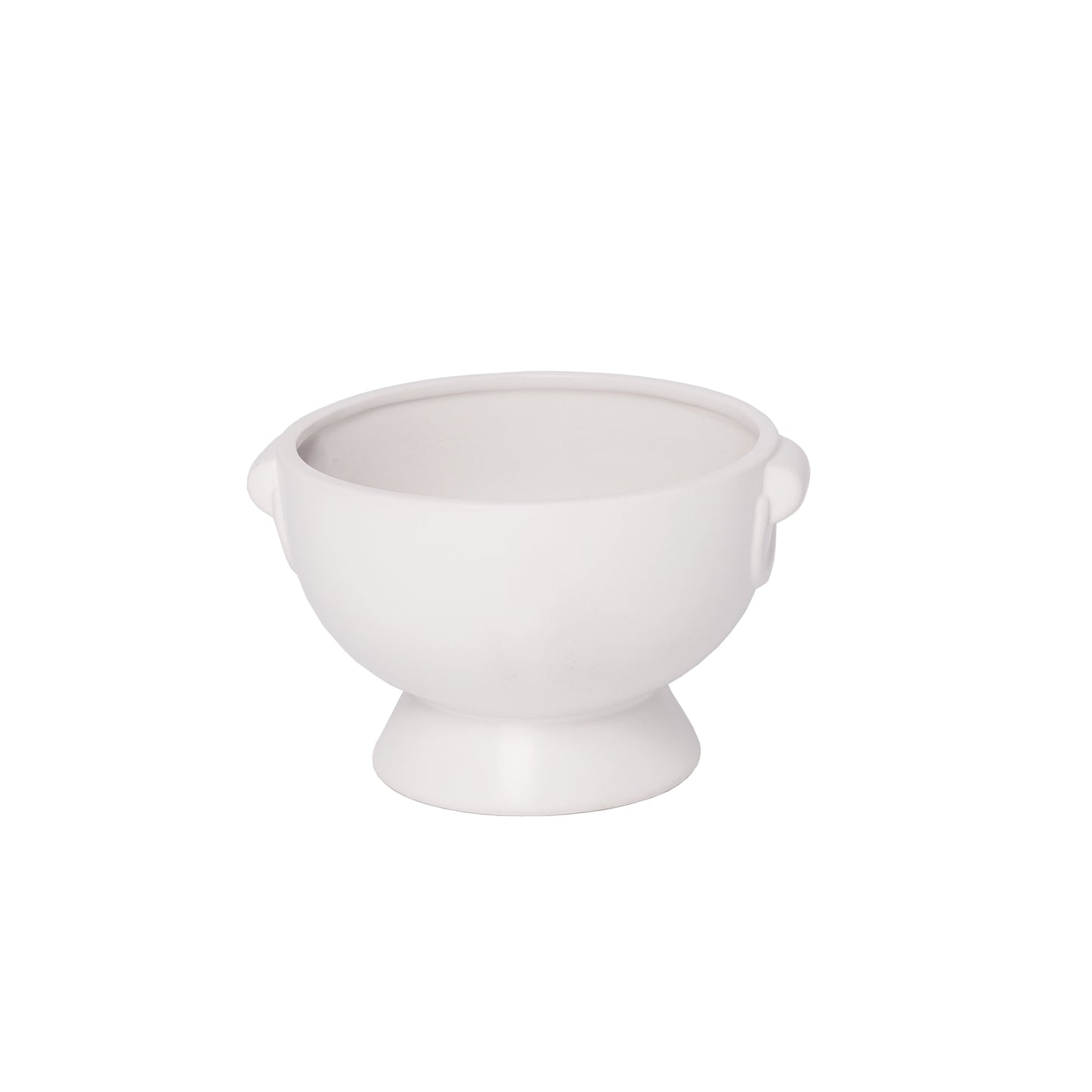 A white ceramic round planter with a glazed matte finish.