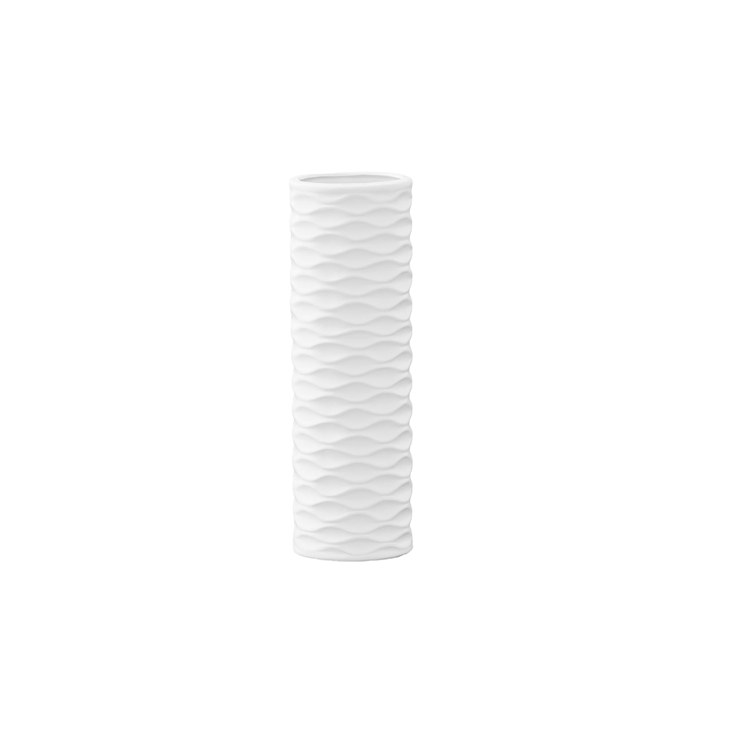 A matte finish white ceramic round cylindrical vase with embossed wave design.