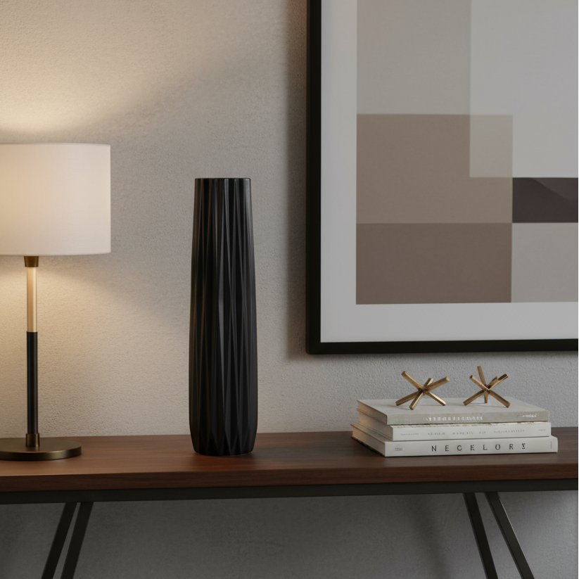 Kitte Ceramic Elongated Round Vase with Ribbed Design Body