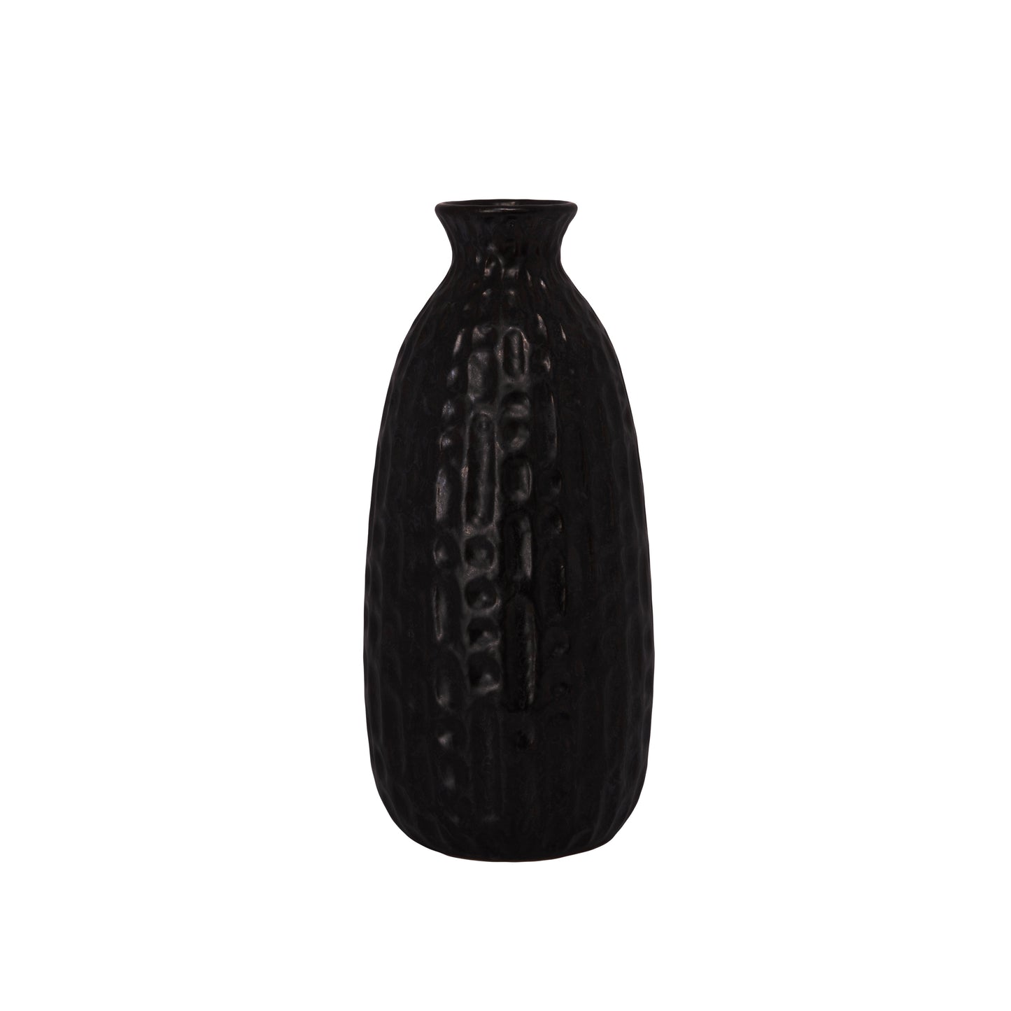 A black ceramic vase with a textured surface on a white background.