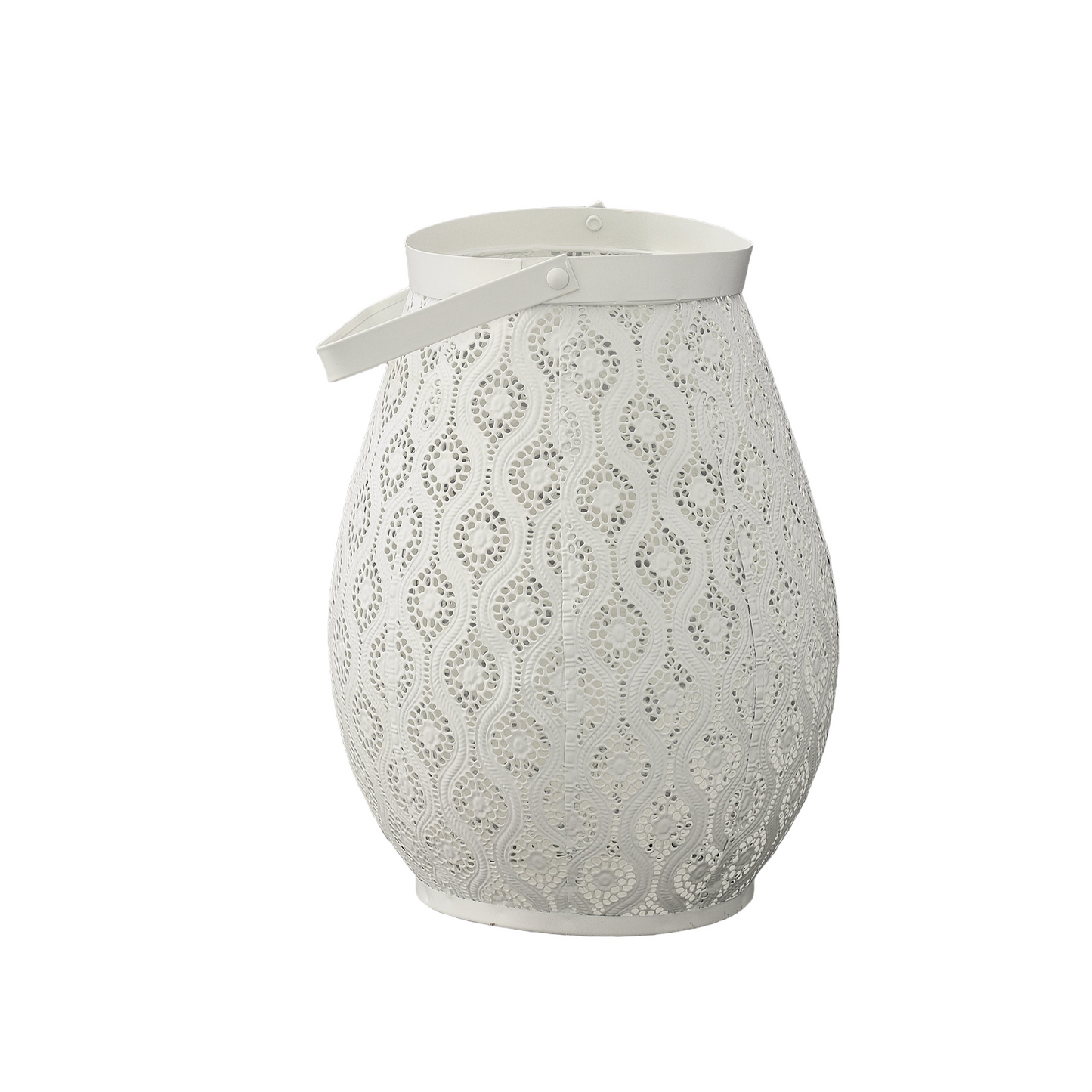White decorative lantern with lace-like pattern on a white background