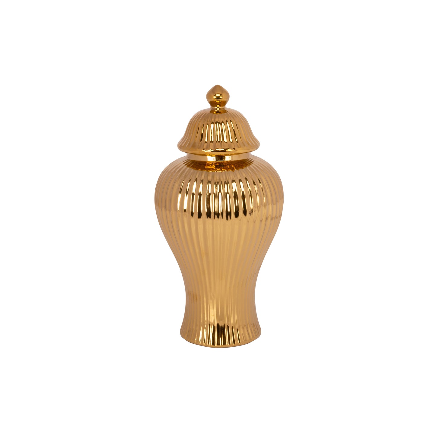 A gold ceramic urn vase with a ribbed design and a lid.