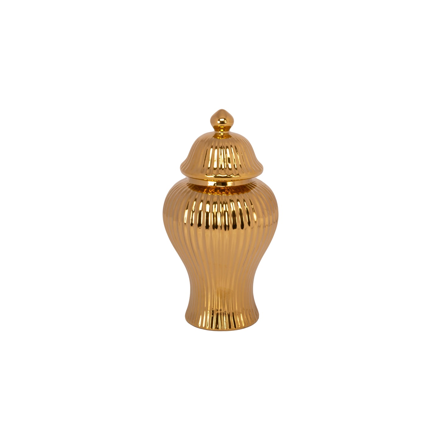 A gold ceramic urn vase with a ribbed design and a lid.