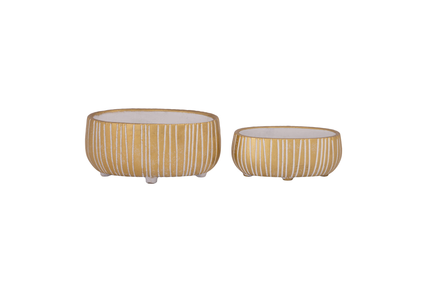 Set of Two Cement Round Pots with Debossed Vertical Line Pattern and Distressed Finish