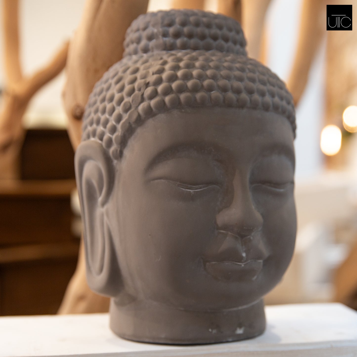Terracotta Buddha Head Figurine Washed Finish Gray-12.75"H