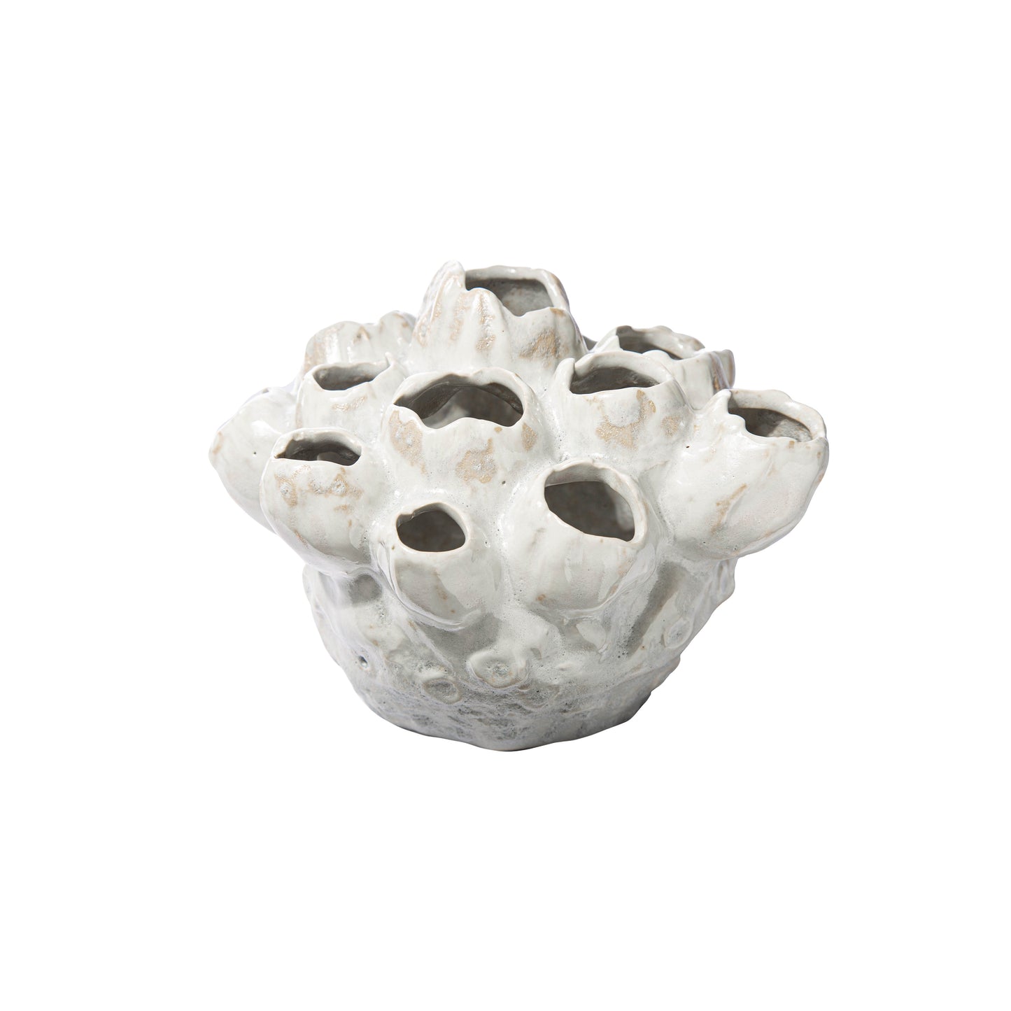 A ceramic cluster organic vase with a distressed finish and a banded tapered bottom, in moss green color.