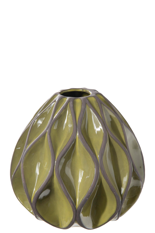 Ceramic Low Round Vase Gloss Finish Green-7.00"H
