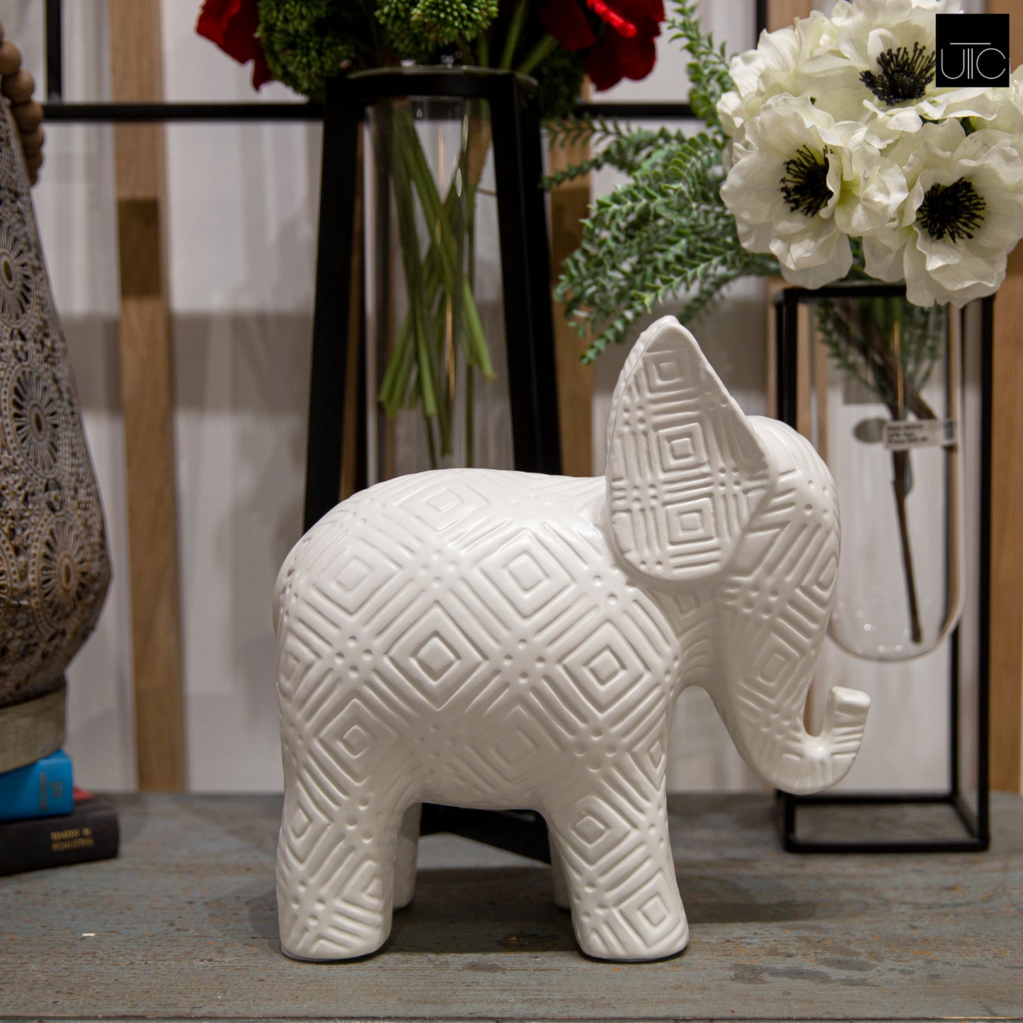 Ceramic Standing Elephant Figurine Matte Finish White