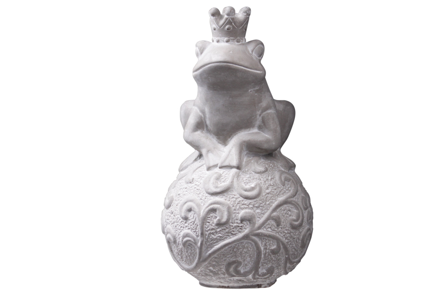Cement Sitting Crowned Frog Statue on Scroll Design Ball Base Washed Finish Gray-11.7