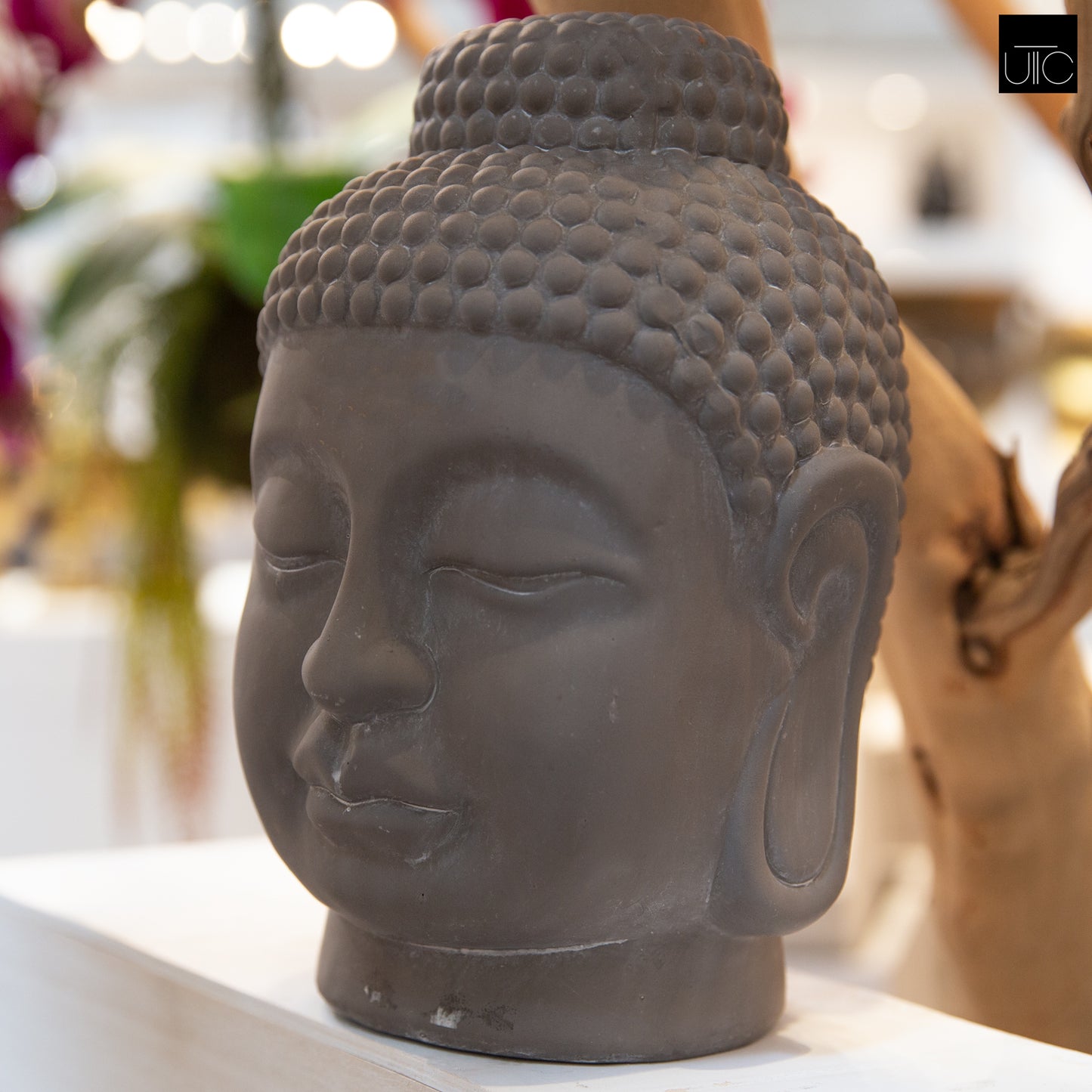 Terracotta Buddha Head Figurine Washed Finish Gray-12.75"H