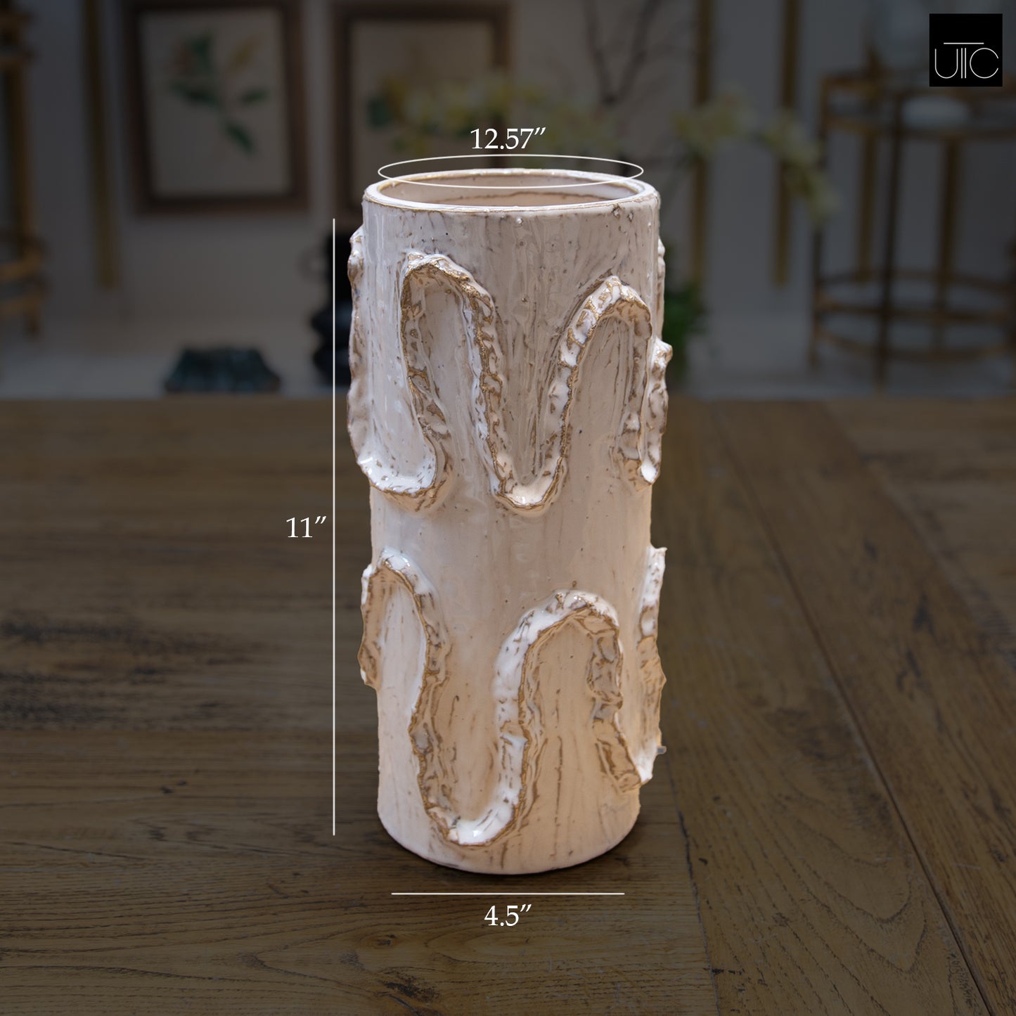 Ceramic Cylinder Vase Finish White And Beige