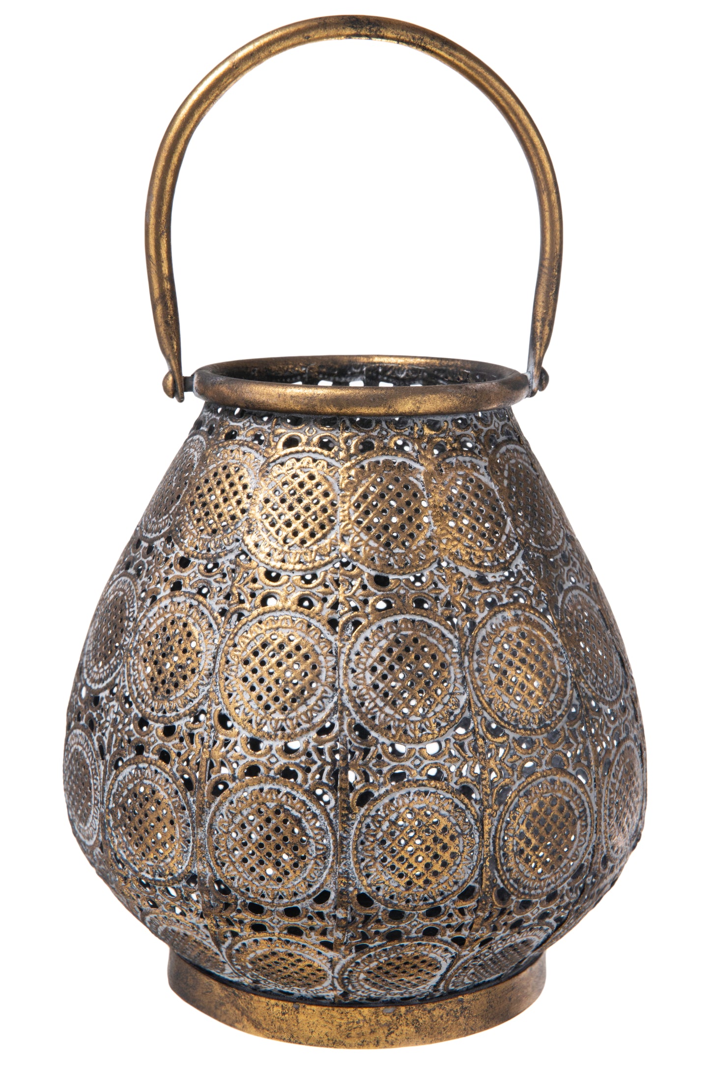 Metal Round Bellied Lantern Antique Finish Gold-8.50"H