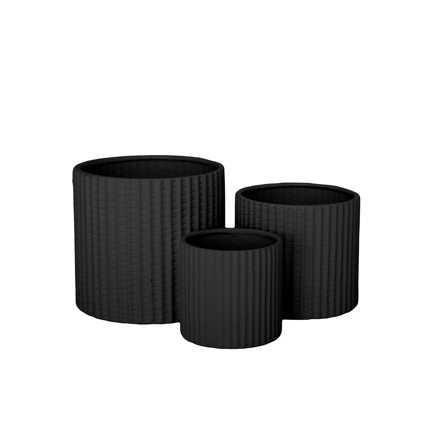 Three black ribbed planters of different sizes on a white background