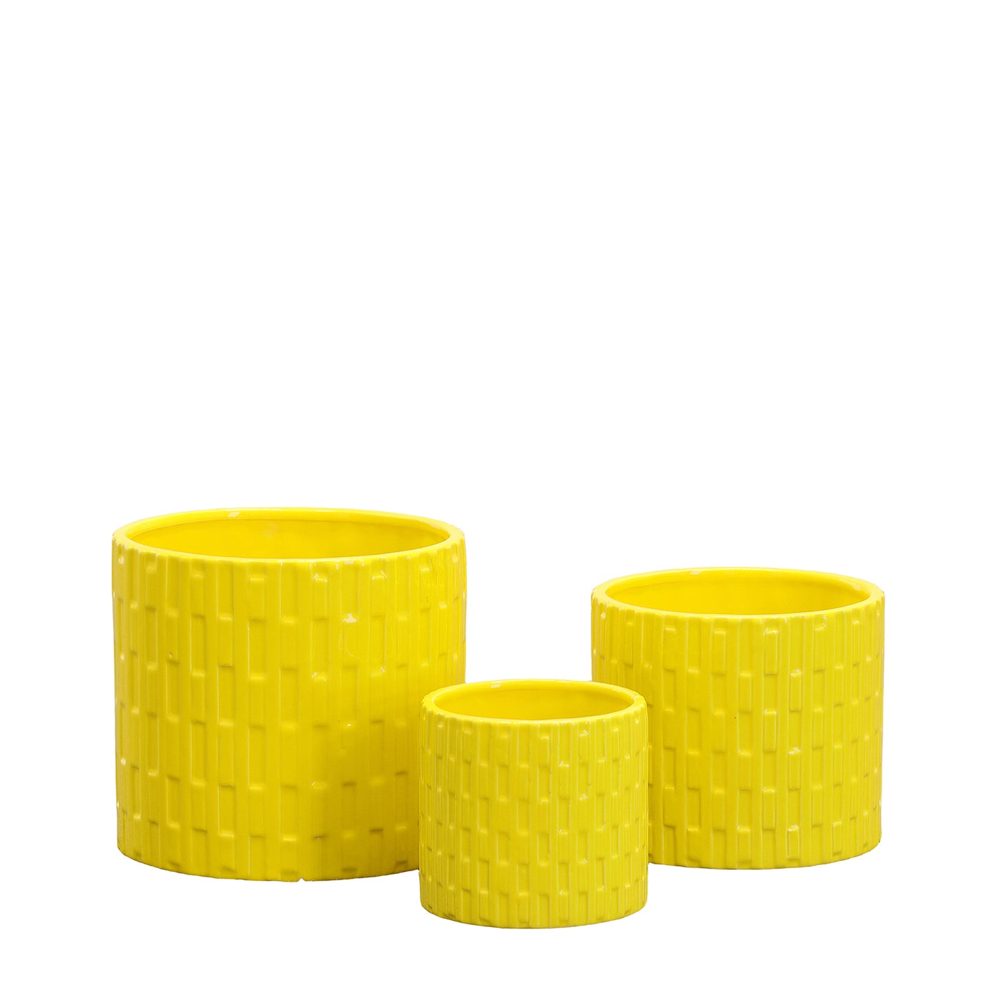 Three yellow textured planters of different sizes on a white background