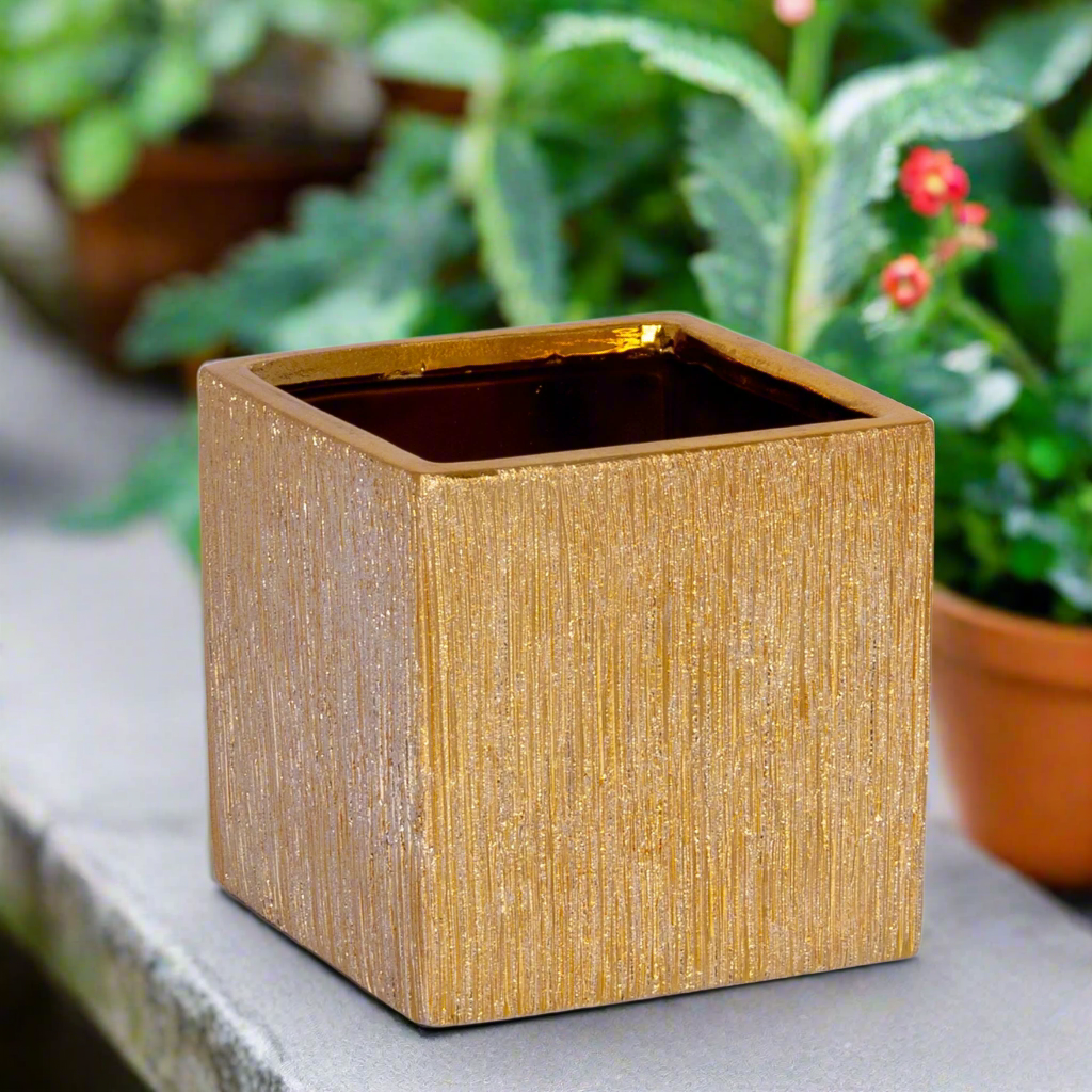 Poppy Ceramic Brushed Golden Square Pot