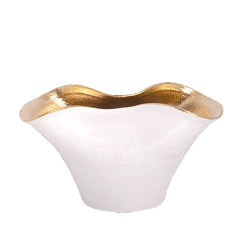 White bowl with gold rim on a white background