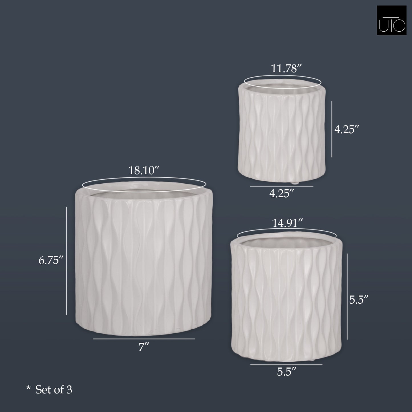 Ruelle Embossed Wave Round Ceramic Pot Set (Set of 3)