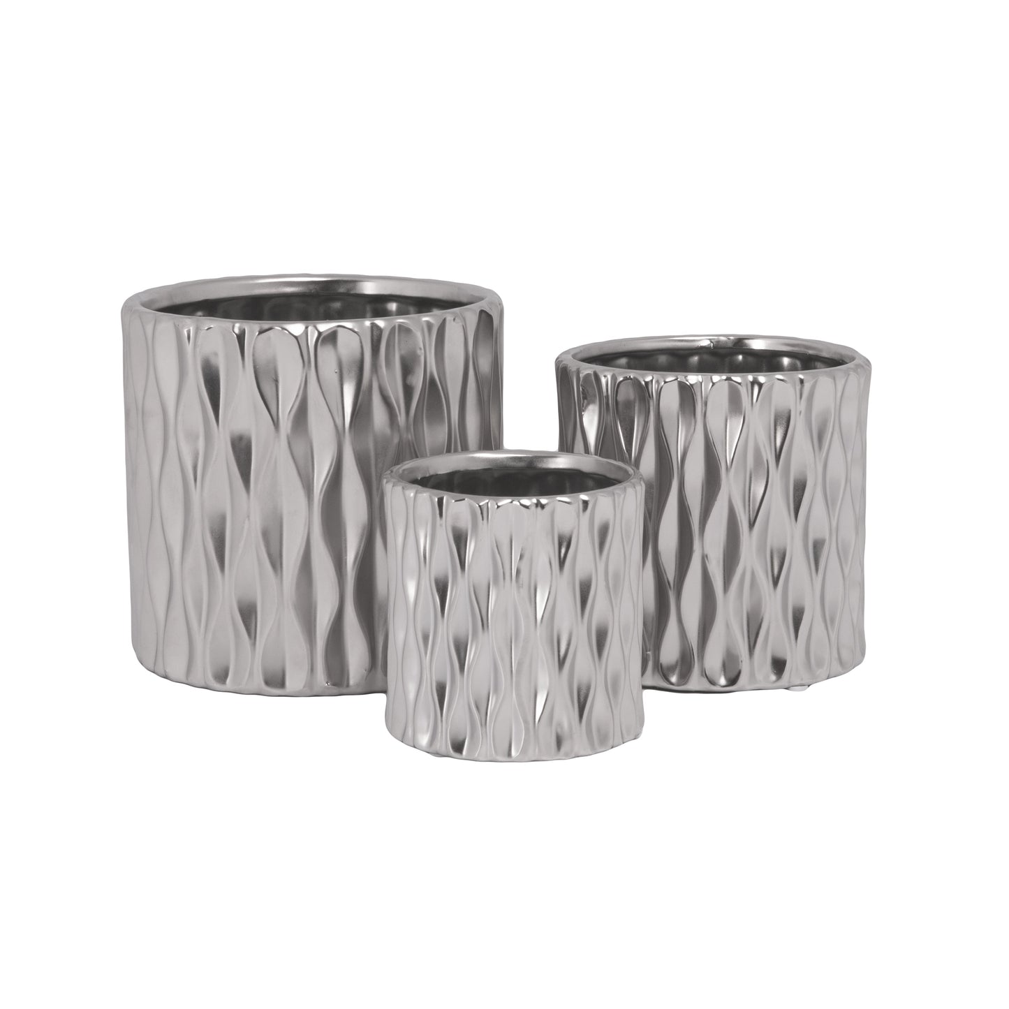 Set of three silver textured metal planters on a white background