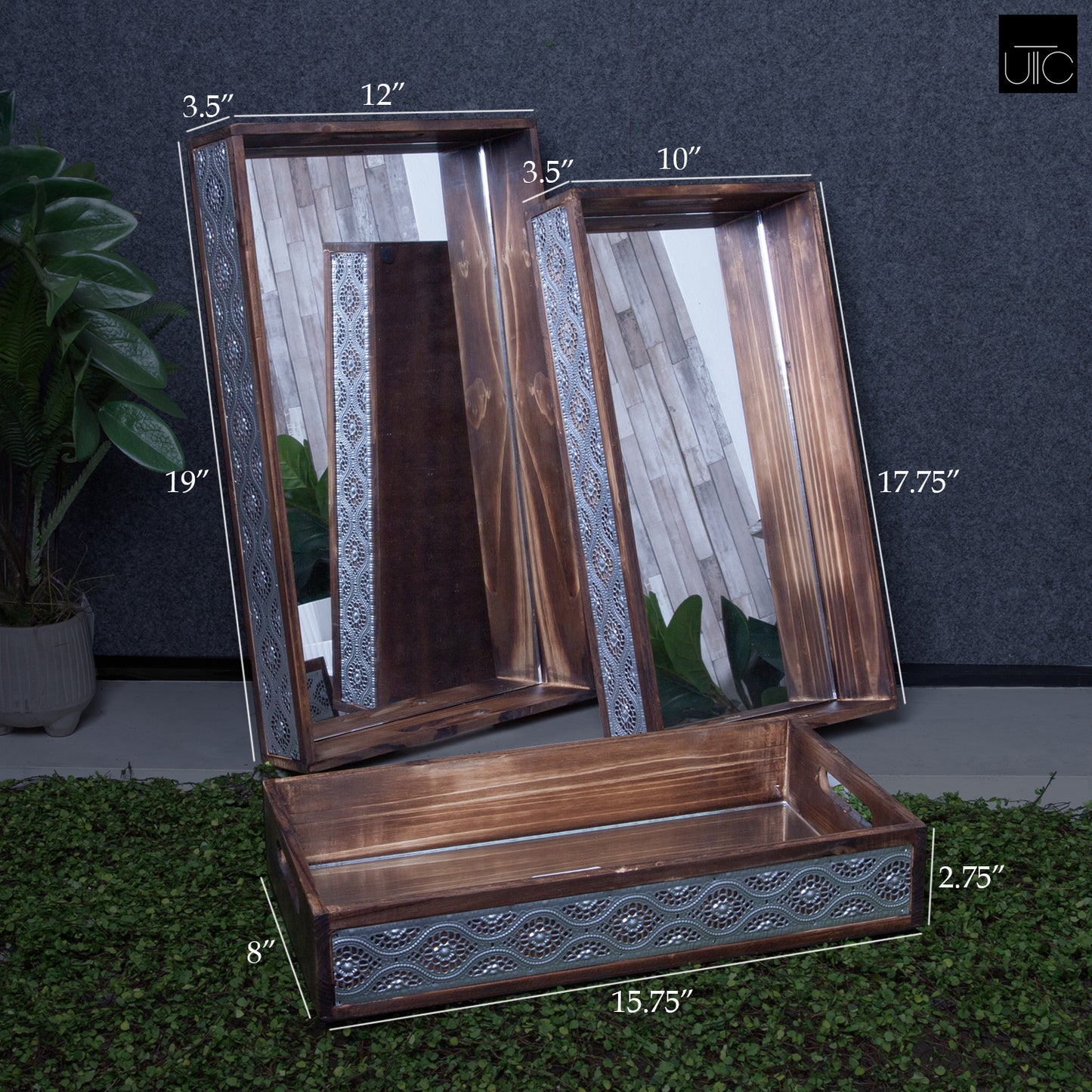 Wood Tray Stained Wood Finish Brown 3.5"H