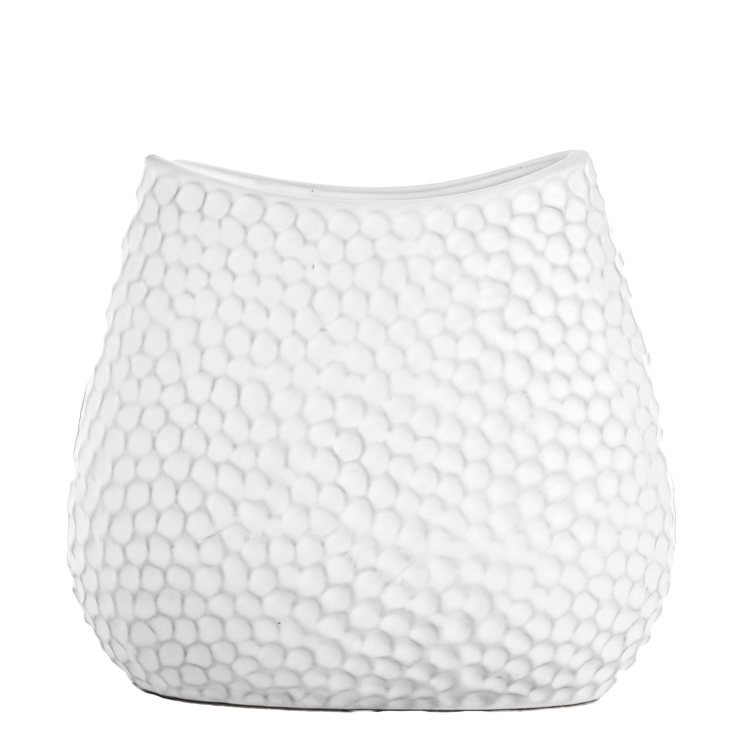 Mika Ceramic Oval Vase with Bent Lip and Pressed Hexagon Design