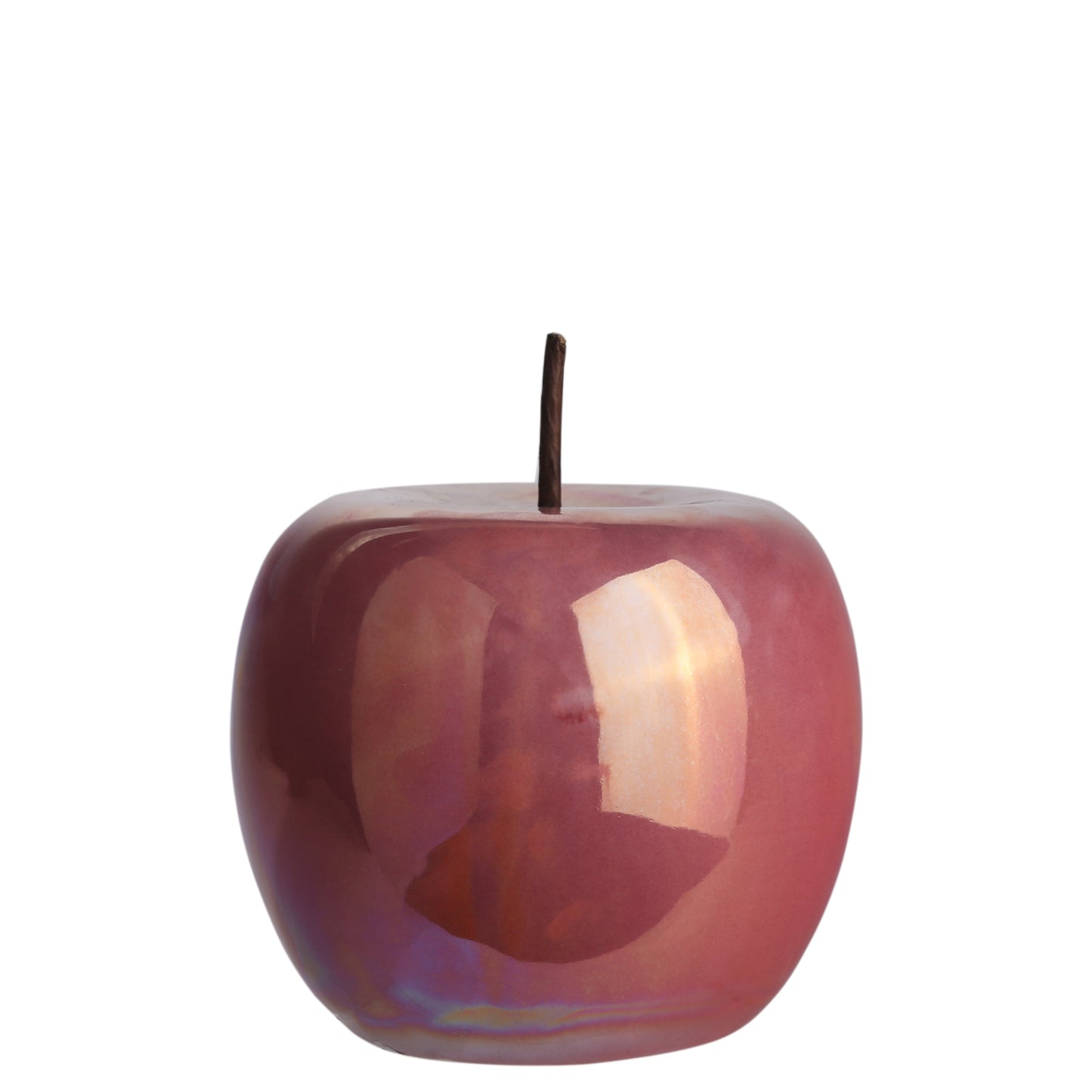 A polished pearlescent finish ceramic apple figurine with a stem.