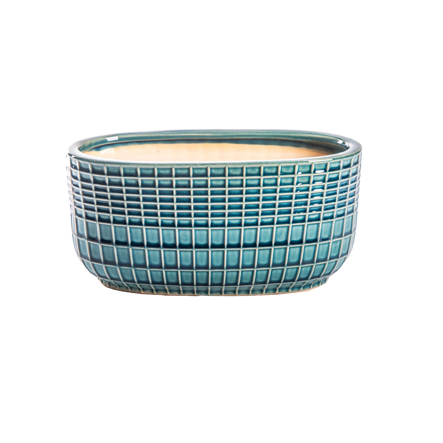 Jewel Ceramic Low Oval Pot with Embossed Lattice Design