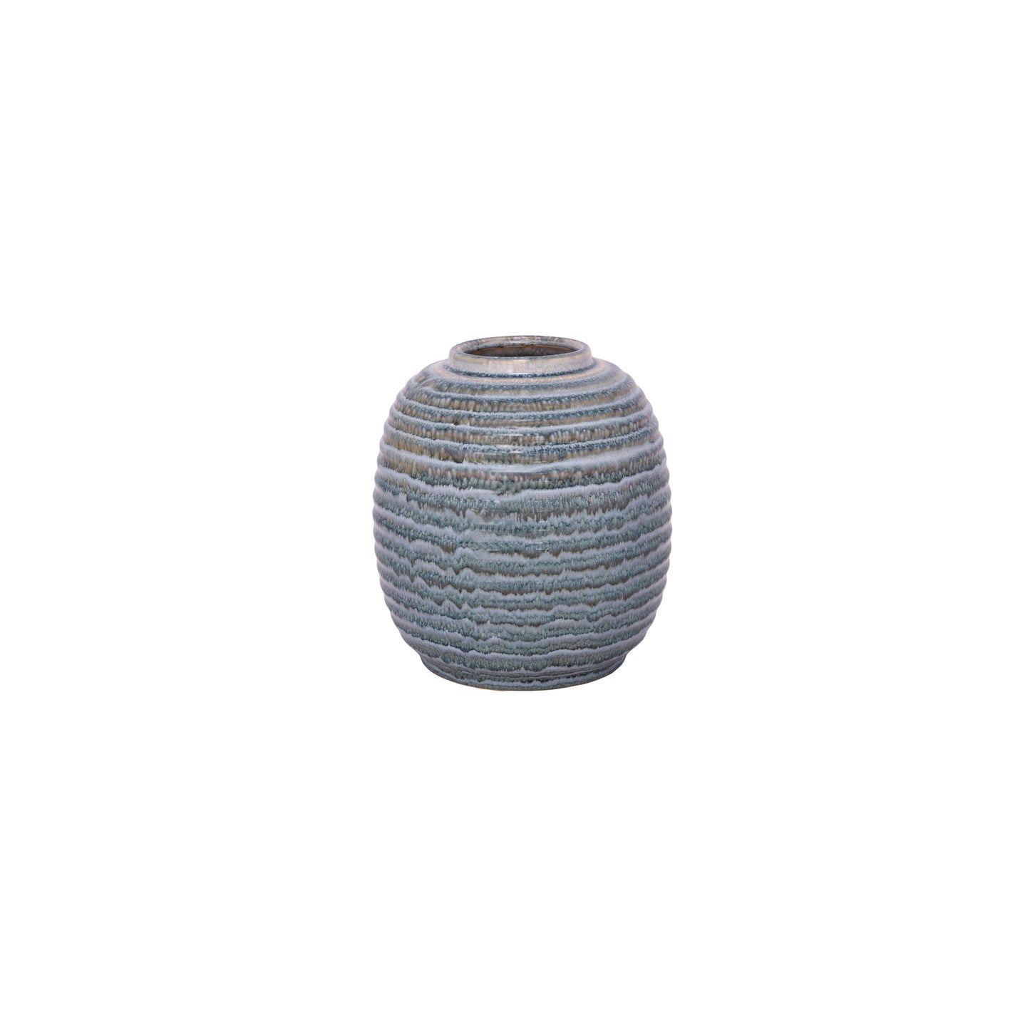 A blue ceramic vase with a glossy finish and a ribbed texture, displayed against a white background.