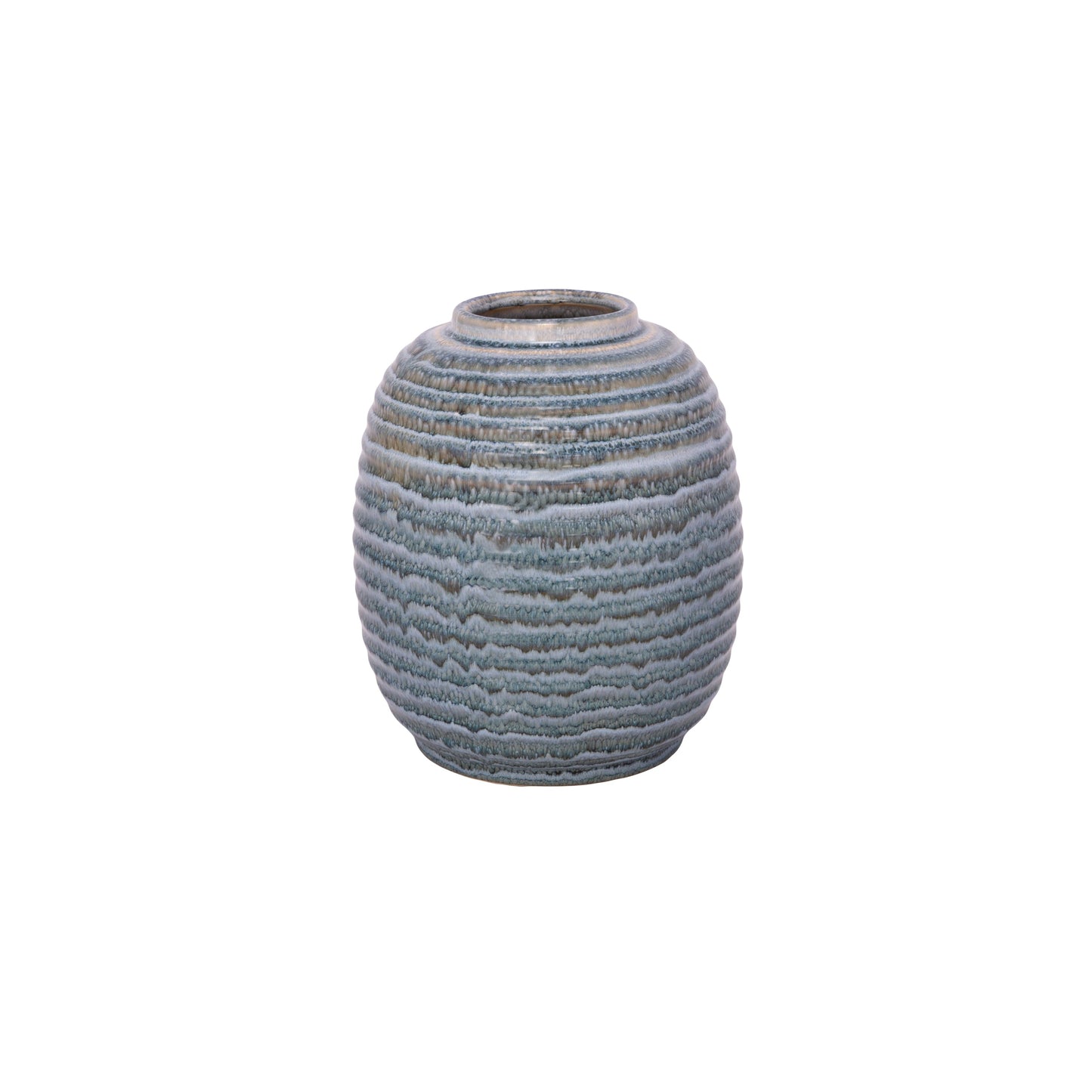 A blue ceramic vase with a glossy finish and a ribbed texture, displayed against a white background.