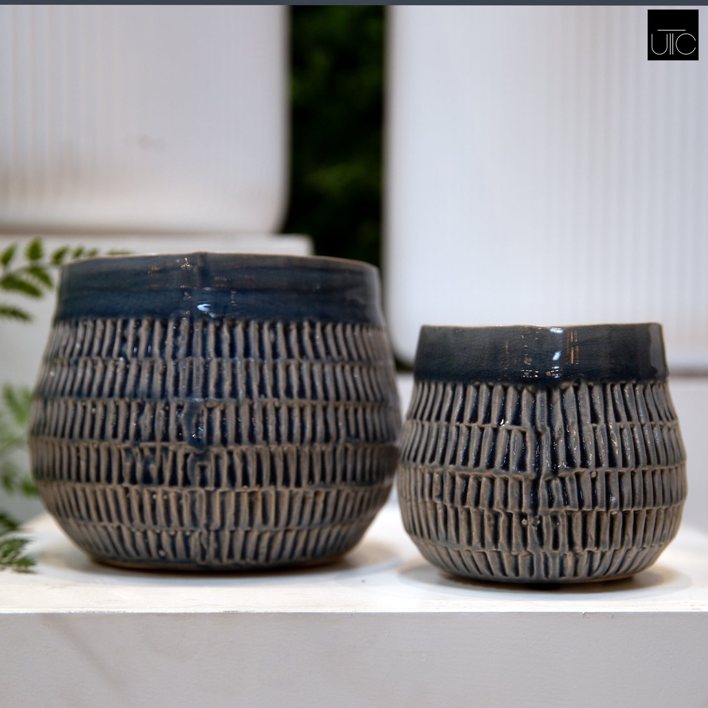 Ceramic Short Bellied Round Vase Set of Two Gloss Finish Blue